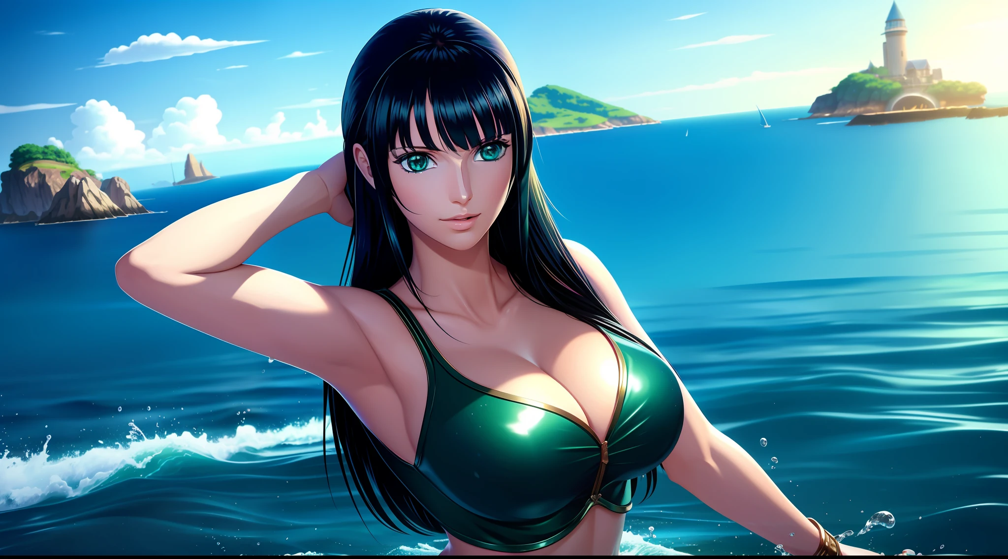 focused upper body, 1 girl, nico robin, big bust, sparkling green eyes, (((island background))), Colorful beautiful girl: long black hair, oil painting, nice perfect face with soft skinice perfect face, intricate detail, splash screen, 8k resolution, masterpiece, artstation digital painting smooth, 8k resolution photorealistic masterpiece, professional photography, natural lighting, volumetric lighting maximalist photoillustration: by marton bobzert