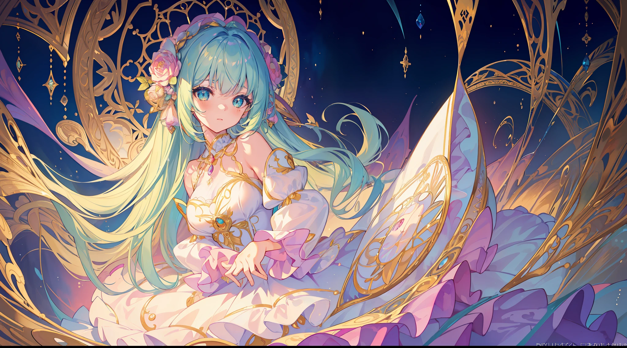 masterpiece, best quality, 8k resolution, sharp focus, intricate detail, beautiful girl, sparkling eyes, golden ratio face, otherworldly liquid, watercolor, pastel colors, bright colors, whimsical, colorful, sharp focus, high resolution, fine detail, ((layered tiered puffy long sleeves ballgown)), ((round eyes)), iridescent bubbles, fantasia background