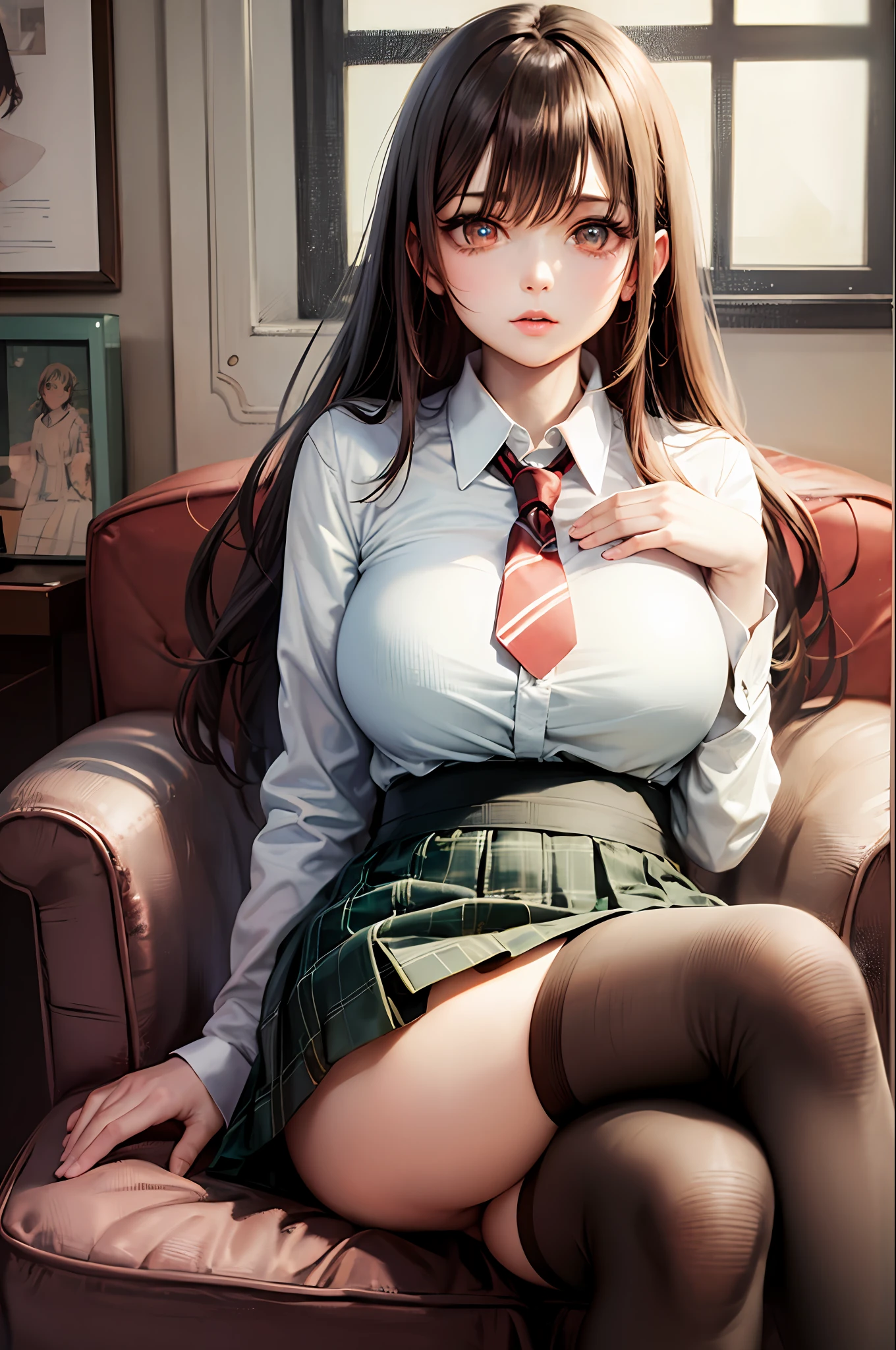 (Prominence in Masterpiece, Best Quality: 1.2), solo, 1 girl, Miku nakano, serious, mouth closed, looking at viewer, hand on face, sitting, legs crossed, collared shirt, tie up, skirt, stockings , big thighs, big breasts)