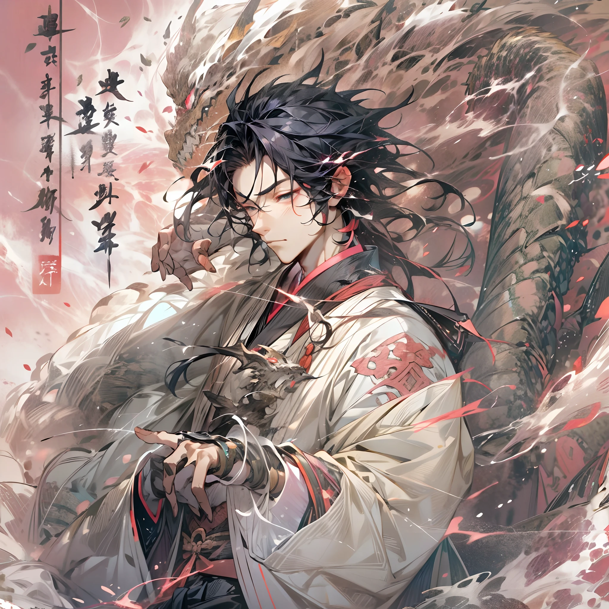 Nichimanga style, Zen ZEN, 1 man, delicate face, wearing armor, surrounded by Chinese characters, with lightning bolts on his body, a divine dragon behind his back, perfect hands, normal fingers, zen