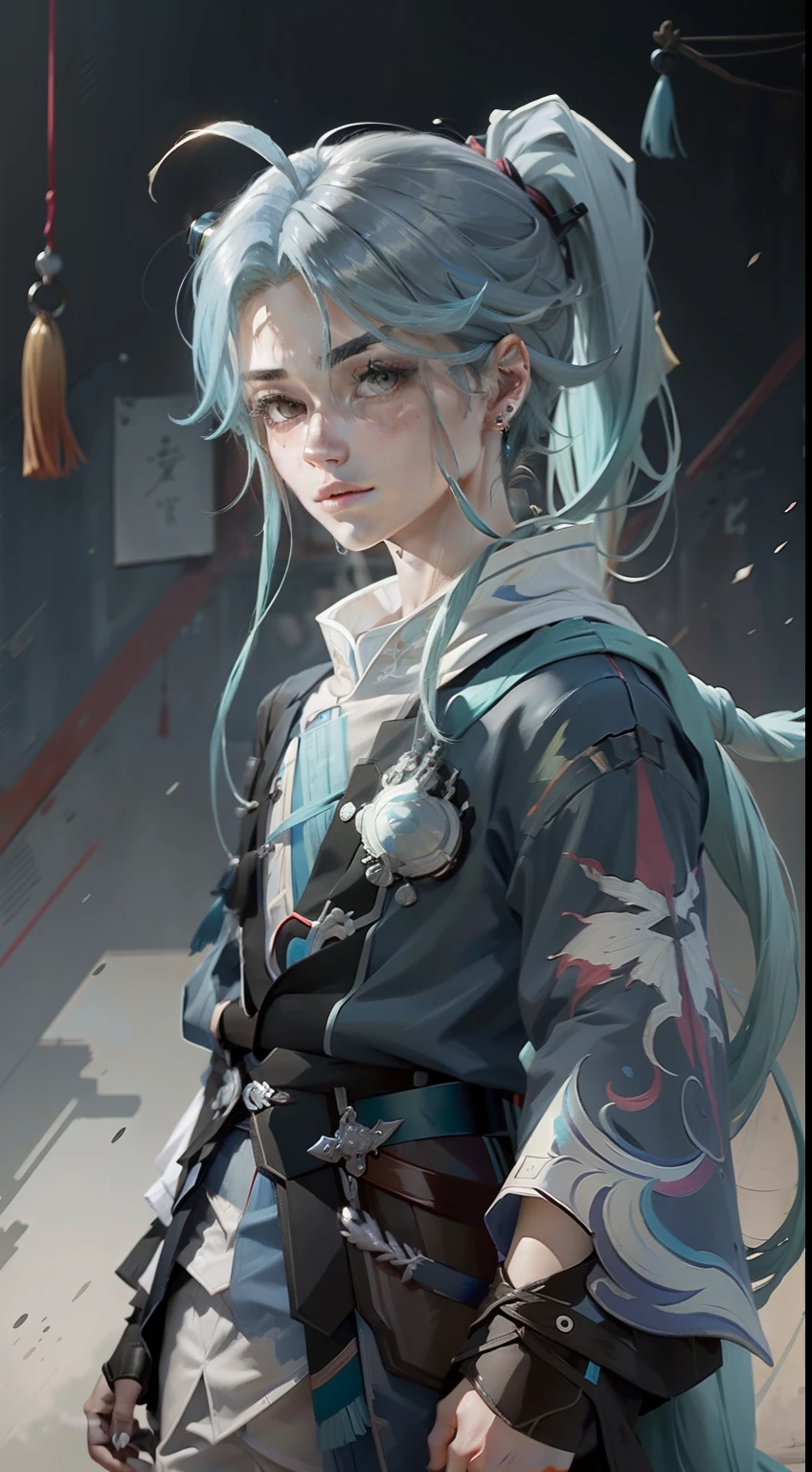 Aqua blue hair,  Raised eyebrows, Multicolored eyes, Crescent earrings, Very long hair, raised eyebrow, Libido boy，shoun，Black Hanfu，High ponytail，High detail, post impressionist, god light, filmgrain, Chiaroscuro, 8K, Super detail，