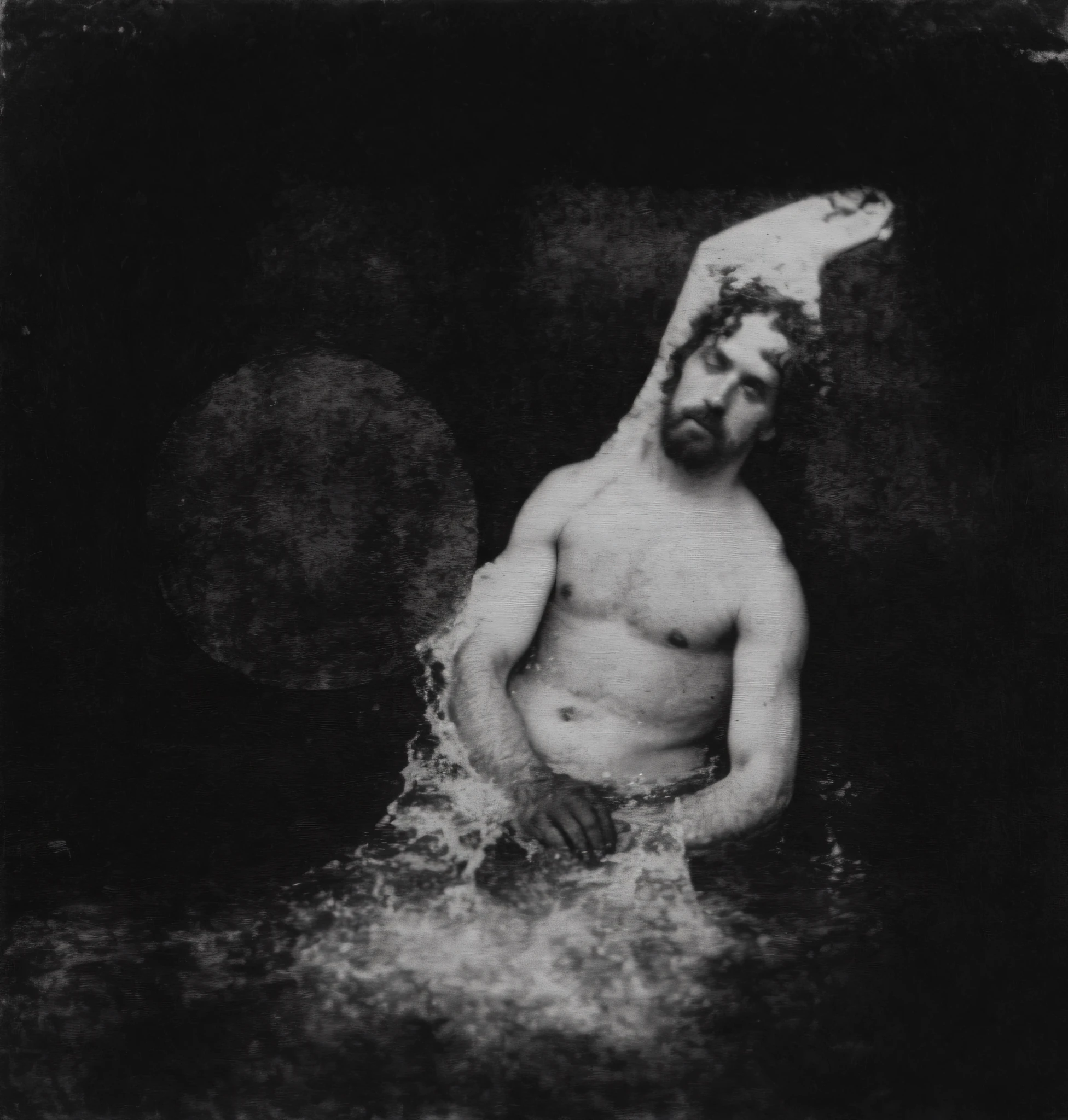 Black and white photo of a drowning man, Inspired by David Octavius Hill, photogravure, inspired by Eugène Carrière, Painterism, The first ever photograph, inspired by Jean-Jacques Henner, grainy damaged photo, Hot type, Dougro type, damaged photo, author:Theodore Ribot