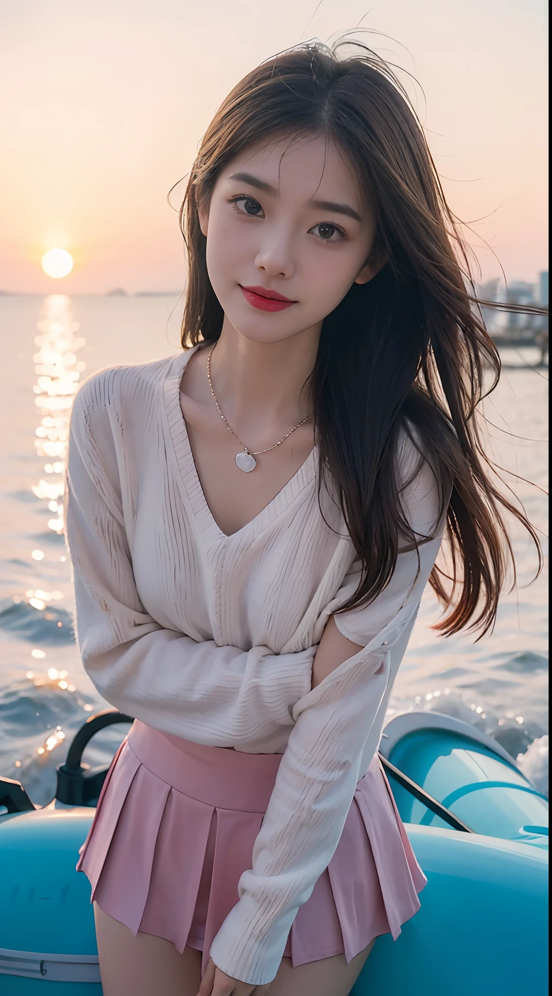 A sweet girl by the yatch luxury at the sea，voluminous hair，Delicate face，Photorealsitic，of a real，largeaperture，wears a black dress luxury，A cropped dress，Off-the-shoulder，A dress around the neck，Slim，smiles，Ultra-high resolution, Blurred background
