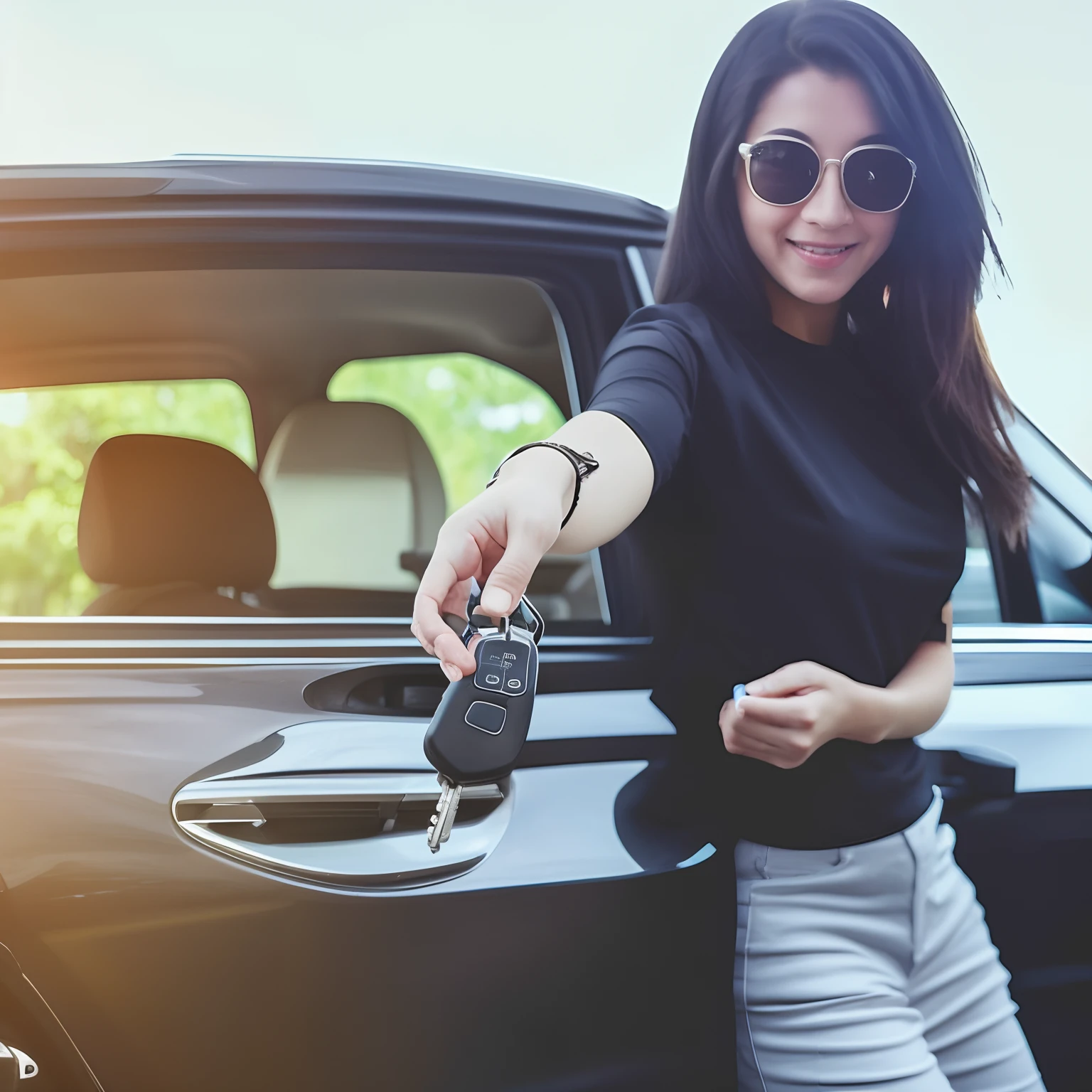 Woman holding a car key and smiling as she sits in a car, fotografia comercial do carro, automotivo, iniciante, mulher bonito, carros e pessoas, Detalhamento sutil, sentada em seu carro, dirigindo um carro, easy go, carro, effortless, retratos de carros, Advanced technology,