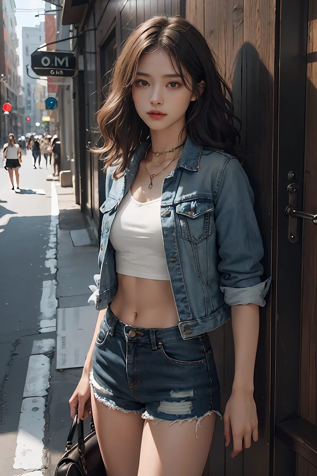 ((medium chest, tomboy, small head)), (well-defined abs: 1.1), (perfect body: 1.1), (short wavy hair: 1.2), russet hair, collar, chain, full body photo, crowded streets, wearing black vest, denim jacket, ((shorts)), (extremely detailed CG 8k wallpaper), (extremely delicate and beautiful), (masterpiece), (best quality: 1.0), (super high resolution: 1.0), beautiful lighting, perfect lightning, realistic shadows, [high resolution ], delicate skin, ultra-detailed ((colorful)))