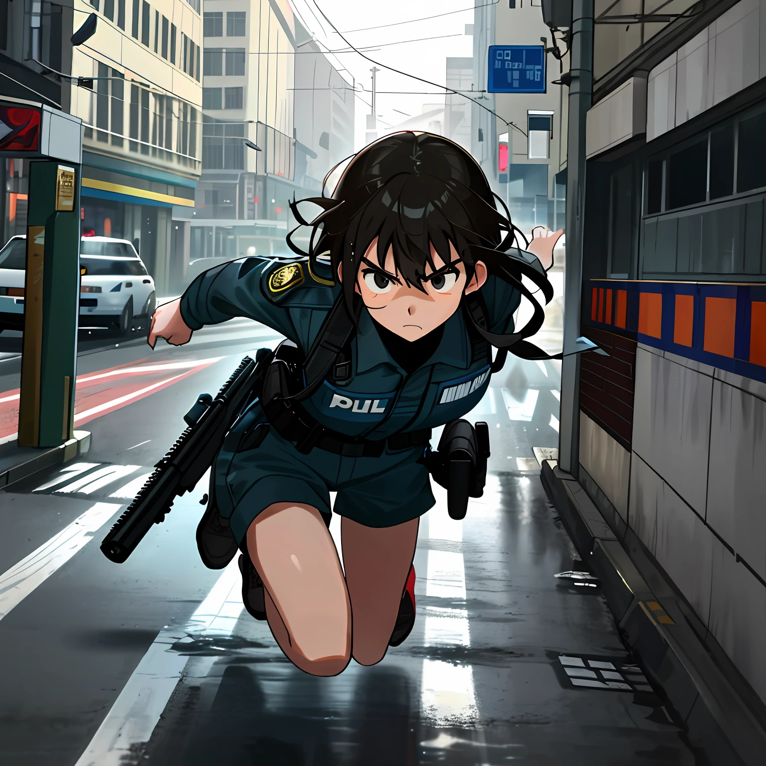 Buildings，teens girl，Armed with a firearm，police officers，Aggressive，Determined gaze，run，perspire，Get wet，Hunt