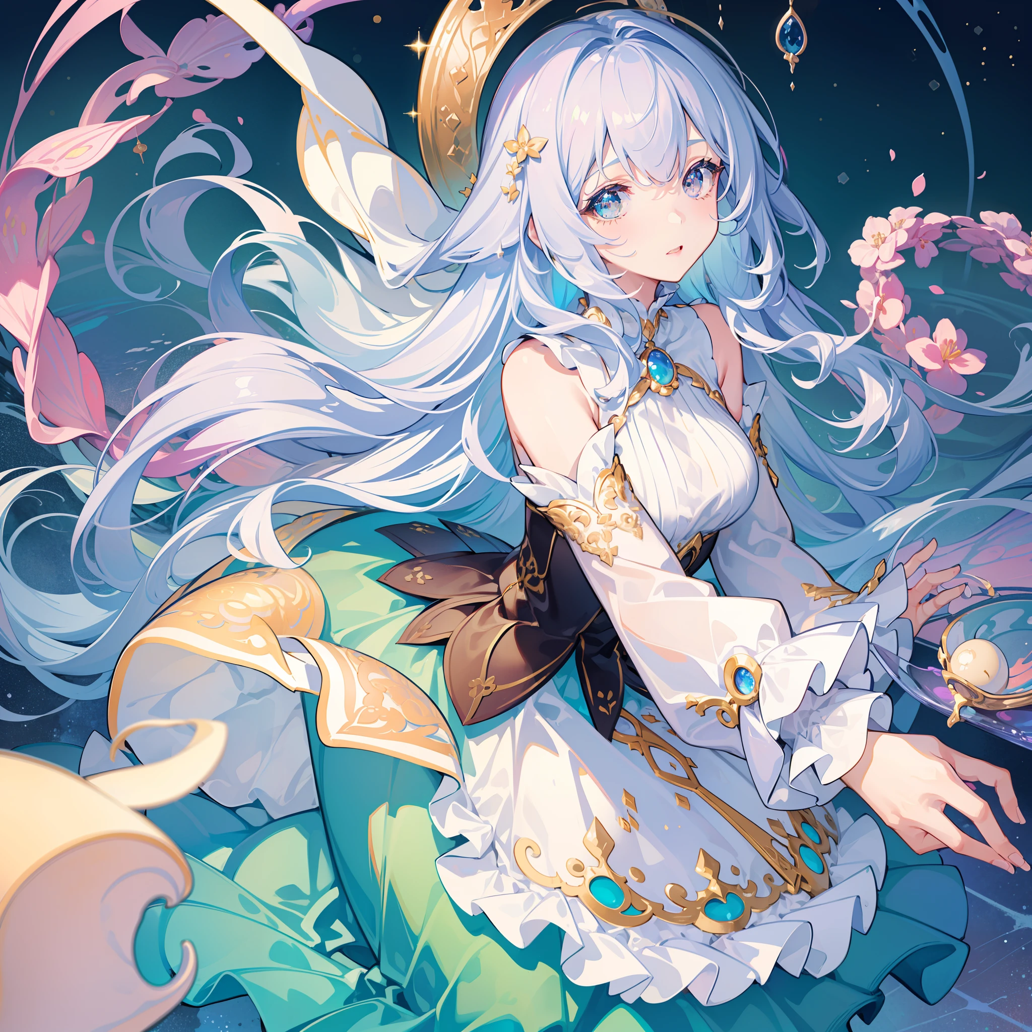 masterpiece, best quality, 8k resolution, sharp focus, intricate detail, beautiful girl, sparkling eyes, golden ratio face, otherworldly liquid, watercolor, pastel colors, bright colors, whimsical, colorful, sharp focus, high resolution, fine detail, ((layered tiered puffy long sleeves ballgown)), ((round eyes)), iridescent bubbles, fantasia background