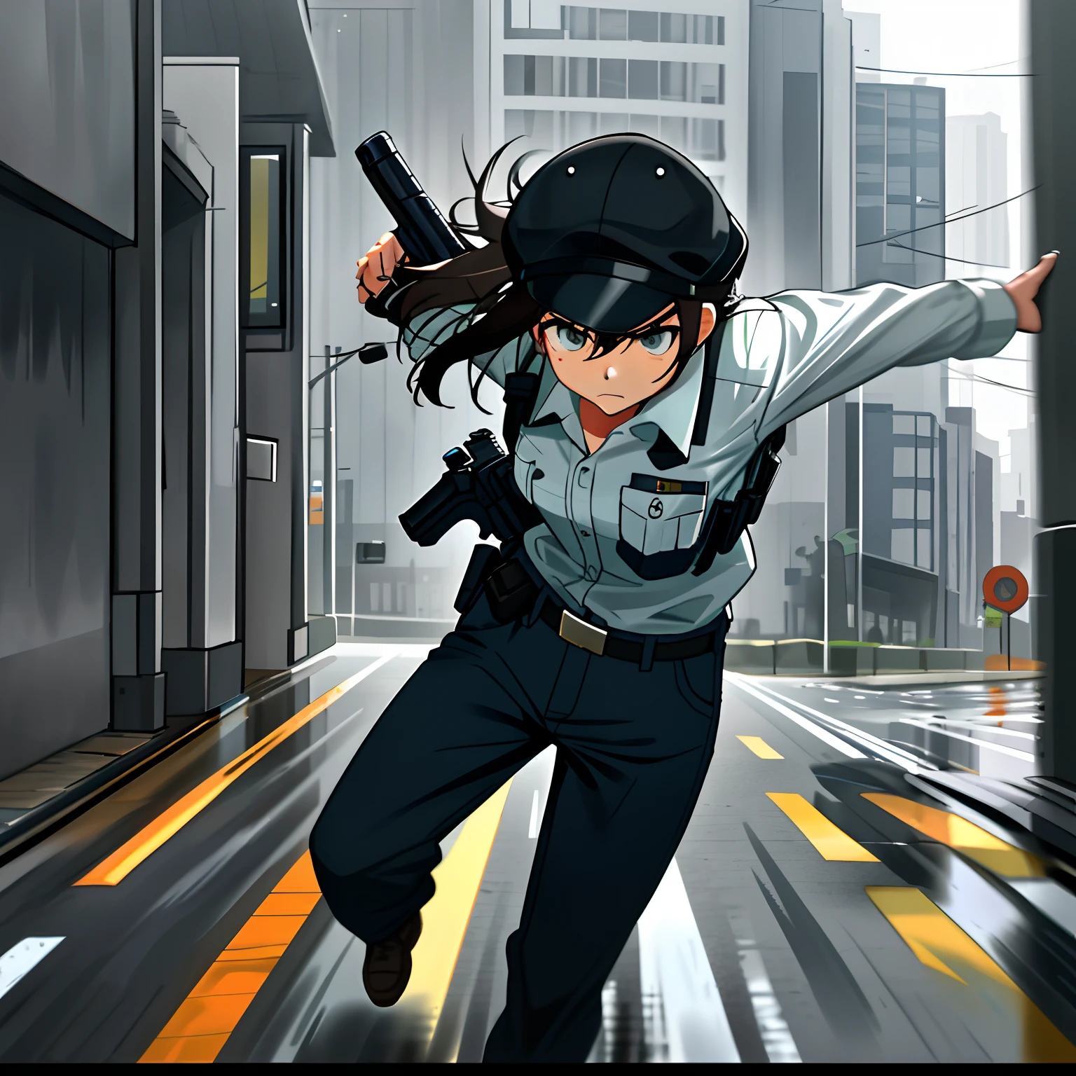 Buildings,s girl,Armed with a firearm,police officers,Aggressive,Determined gaze,run,perspire,Get wet,Hunt
