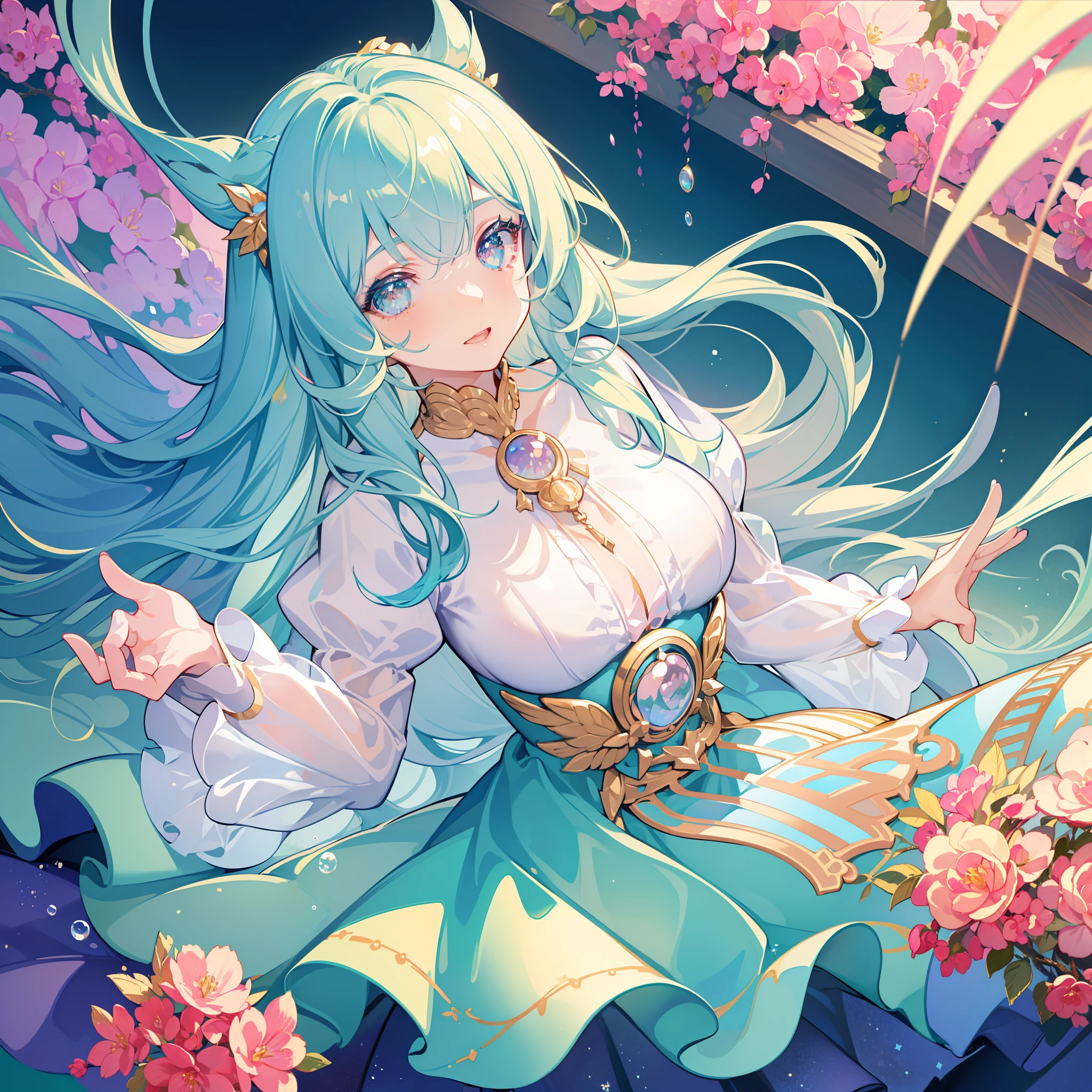 masterpiece, best quality, 8k resolution, sharp focus, intricate detail, beautiful girl, sparkling eyes, golden ratio face, otherworldly liquid, watercolor, pastel colors, bright colors, whimsical, colorful, sharp focus, high resolution, fine detail, ((layered tiered puffy long sleeves ballgown)), ((round eyes)), iridescent bubbles, fantasia background