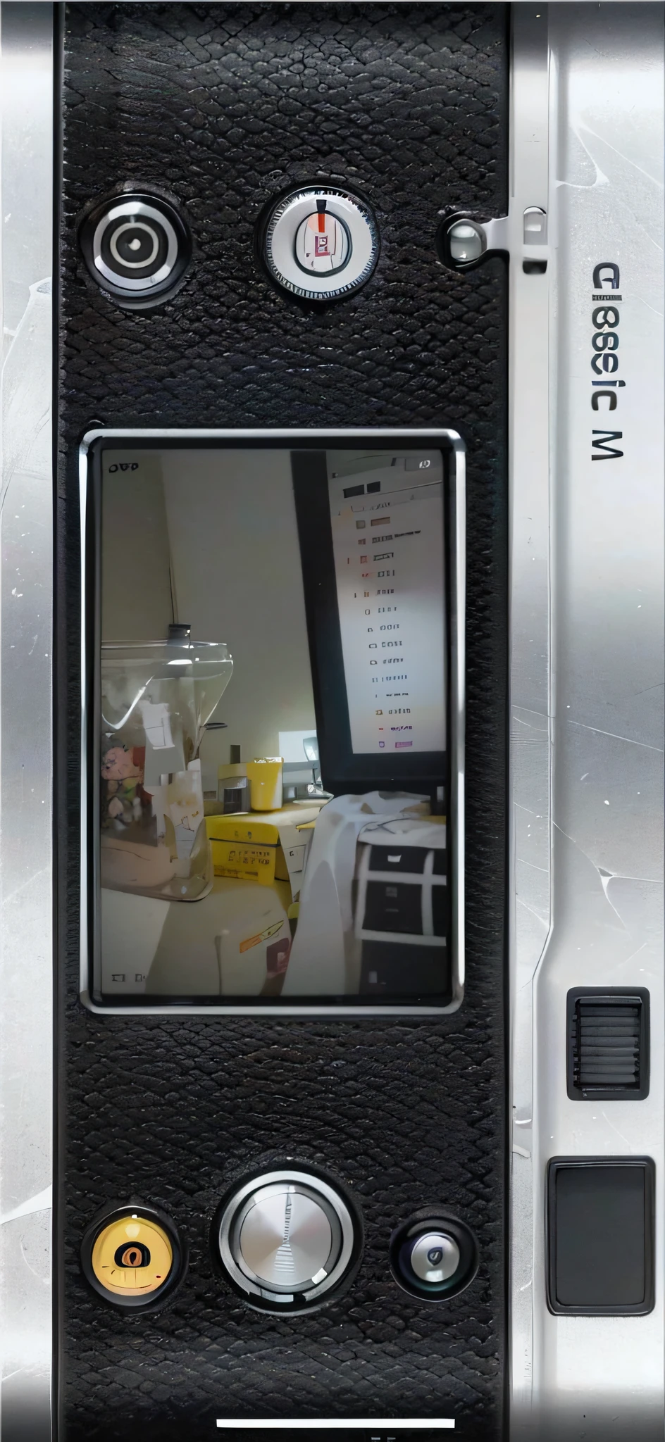 Have a cell phone，There is a photo of a man in the kitchen, LCD screen, center frame medium shot, everything fits on the screen, medium close - up ( mcu ), vertical movie frame, mini dv camera found footage, home album pocket camera photo, iphone detailed photo, 35mm —W 1920 —H 1080, high quality scan
