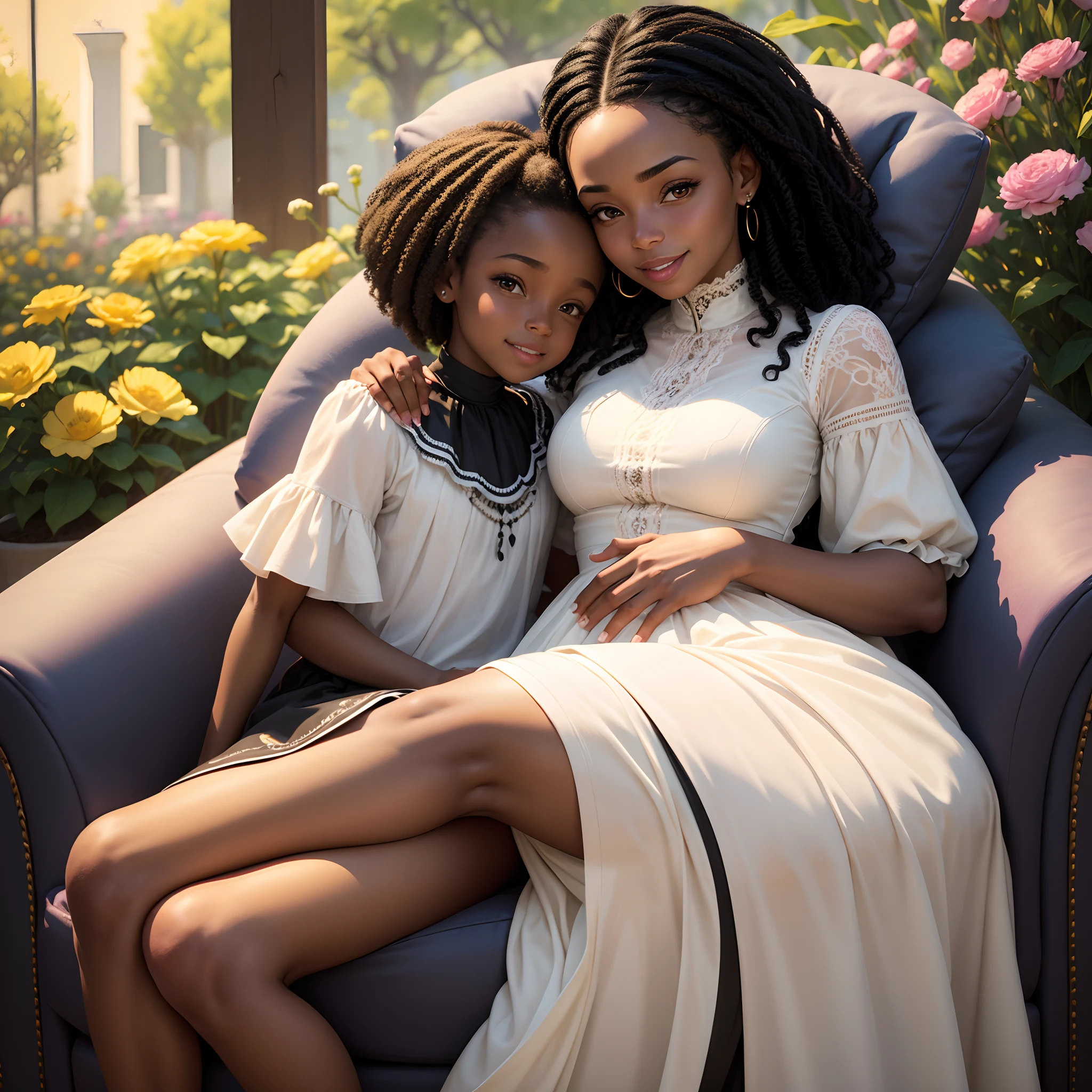 Black woman with five fingers on her hands with small child in her lap , com sorriso no rosto, large area of flowers in the background, luz suave, Comfortable tones, hiper-realista, realista, 8k