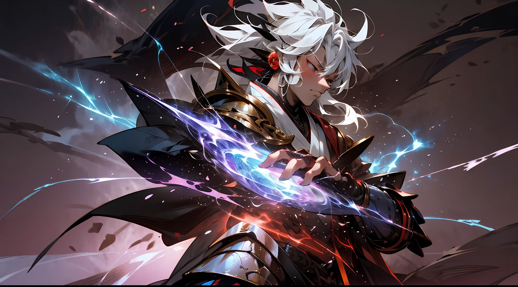 Nichimanga style, Zen ZEN, 1 man, delicate face, wearing armor, surrounded by Chinese characters, with lightning bolts on his body, a divine dragon behind his back, perfect hands, normal fingers, zen