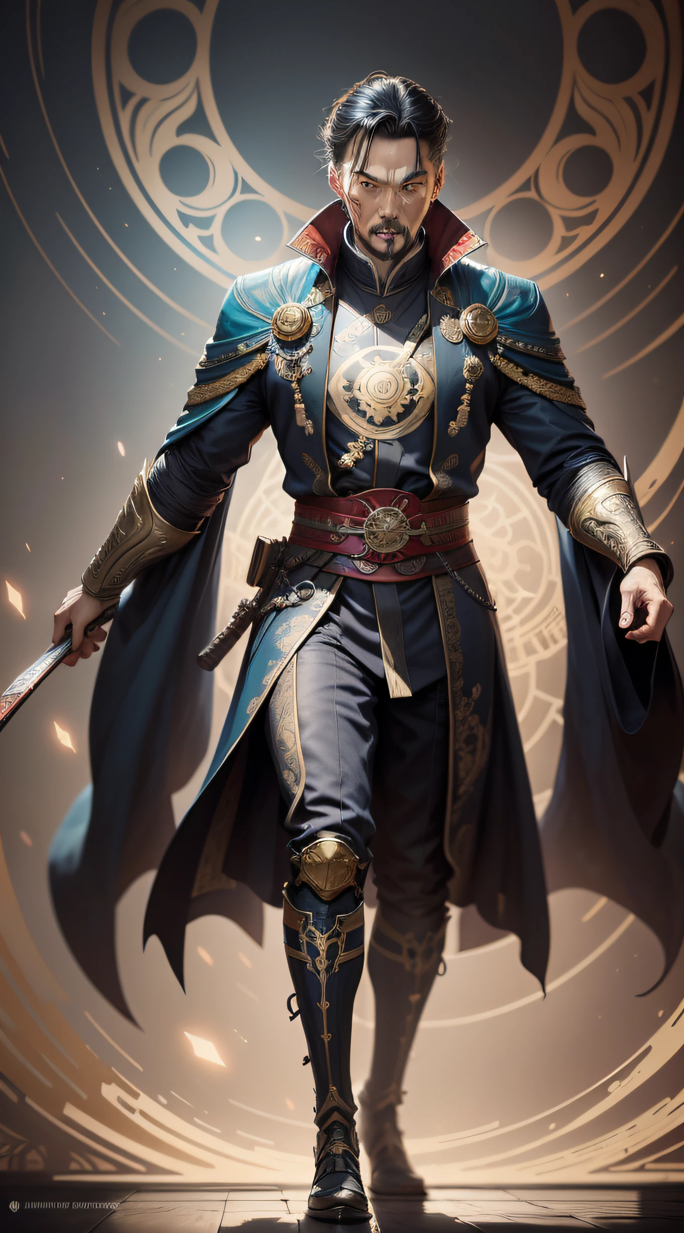 doctor strange as a vintagepunk samurai, dark grey background, blue and golden details, artstation hyperdetailed,8k, beautiful lighting, artstation by james jean, moebius,cory loftis, craug mullins, rutkowski, mucha, hyperdetailed, over the shoulder, close up, james jean,mucha,fractal, vibrant colors, rococo art,8k resolution, clear shape, defined shape, full body