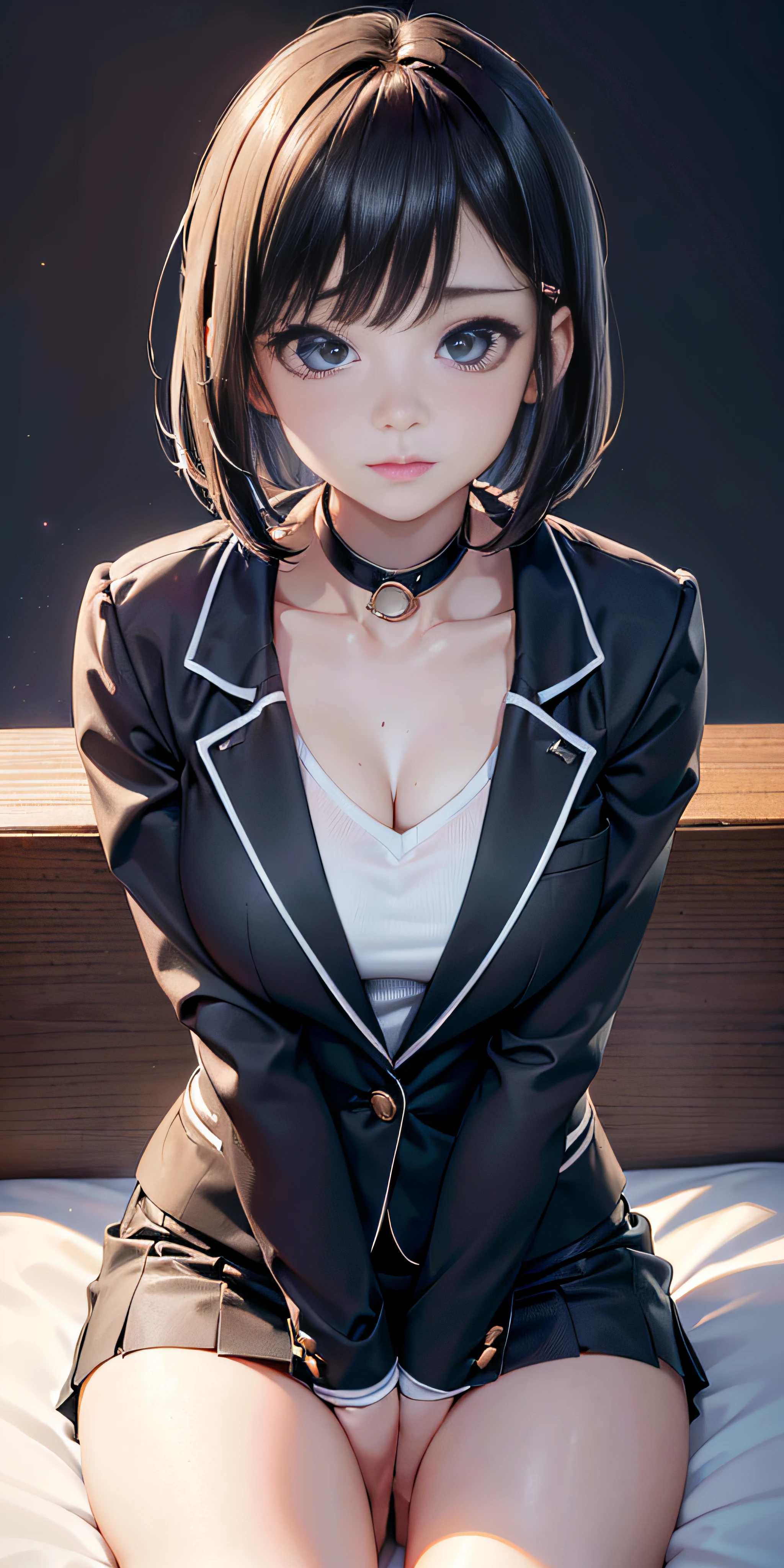 anime, estilo anime de mujer realista, (aegyo sal: 1), 18 years old girl, ((ropa con detalles intrincados)), (blazer gris, cinta, minifalda plegada, calcetines, uniforme de escuela privada: 1.2), aula de secundaria, hermoso detalle en los ojos, luz en la cara, ((foto de cuerpo completo: 1.2)), luz especialmente fuerte, (ojos superiores, sonrisa sonriente: 1.2), piel brillante, (((cabello negro, cabello bob: 1.2))), (muslos gruesos), ulzzang-6500-v1.1: 0.2, bashful, (flash: 1.2), NSFW , (hinchado), ((postura seductora: 1.2, atractivo: 1.2)), (inactivo), (sentado en un escritorio en el aula: 1.2)), ((good anatomy: 1.2)), ((aula brillante y refrescante, fondo borroso: 1.2)), cara perfecta, cara linda y simetrica, (High Angle Shot: 1.2)s., Natural side lighting, ((8k, fotos RAW, calidad superior, obras maestras), High Definition RAW color photos professional close-up photos, (realista, fotorrealismo: 1.37), (highest quality), (mejores sombras), (mejores ilustraciones), Clavicles ((grandes)), ((erotic, sexy, ultra-high-resolution, 8K HD Unified CG Wallpapers, Physical representation, movie lighting), Canon EOS R50 camera 50mm lens