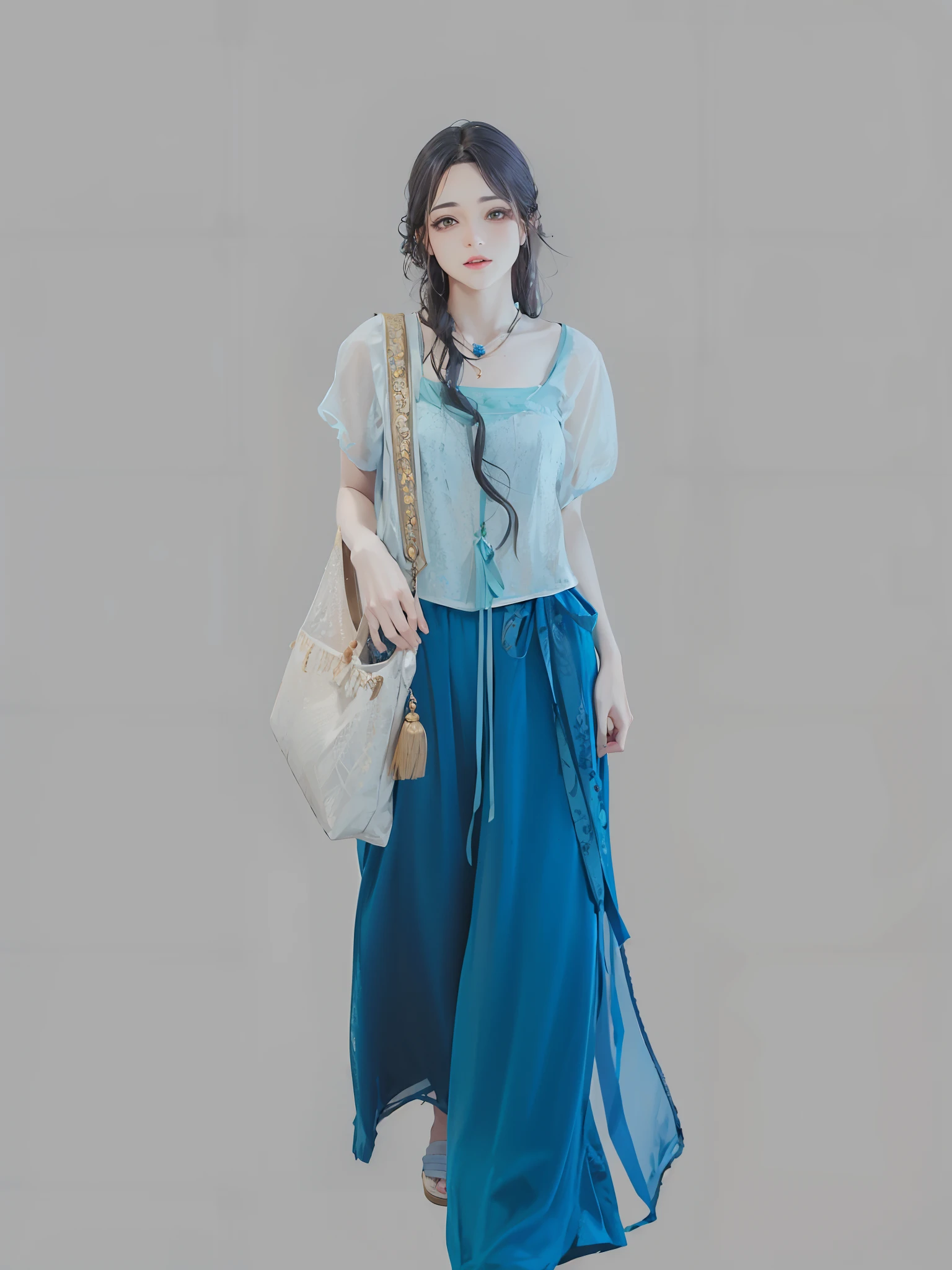 A beautiful girl,full bodyesbian,long whitr hair,Light green top,jewelry,Lake blue skirt,Canvas bag,slippers,8K quality,Flowing clothes