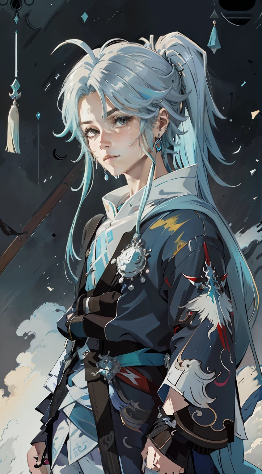 Aqua blue hair, Raised eyebrows, Multicolored eyes, Crescent earrings, Very long hair, raised eyebrow, Libido boy,shoun,Black Hanfu,High ponytail,High detail, post impressionist, god light, filmgrain, Chiaroscuro, 8K, Super detail,