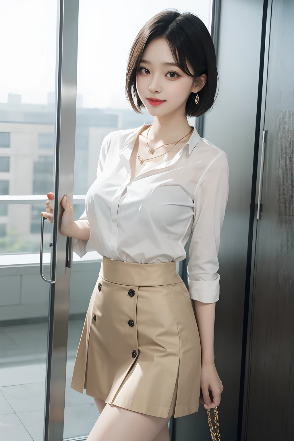 8K RAW Photos, High Resolution, 14 Years Old Korean, Very Big Round Breasts, Ribbons, Formal Shirt, Formal Skirt, Very Thin Mouth, Duck Mouth, Grinning,, Bossy Pose, Beautiful Eyes in Every Detail, Long Eyelashes, Beautiful Double Eyelids, Eyeshadow, Long Eyes, Sanpaku Eyes, Beautiful Thin Legs, Necklace, Earrings, Short Hair, Entrance of a Large Company, large corporate offices