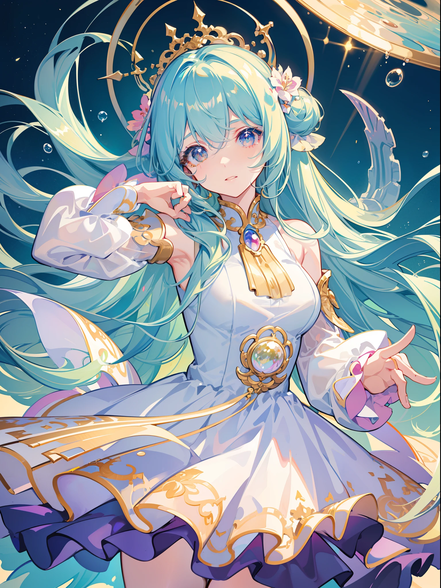 masterpiece, best quality, 8k resolution, sharp focus, intricate detail, beautiful girl, sparkling eyes, golden ratio face, otherworldly liquid, watercolor, pastel colors, bright colors, whimsical, colorful, sharp focus, high resolution, fine detail, ((layered tiered puffy long sleeves ballgown)), ((round eyes)), iridescent bubbles, fantasia background