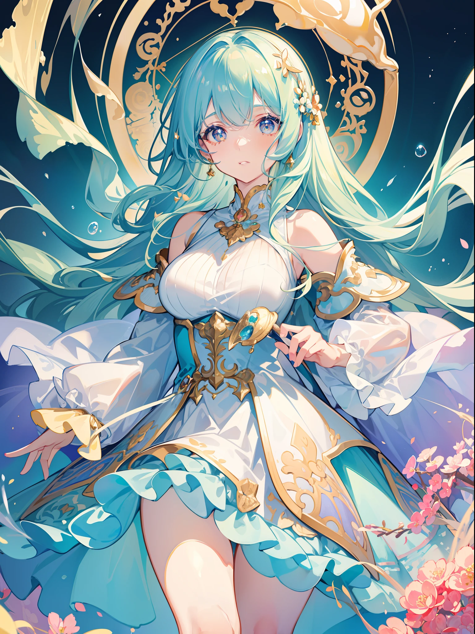 (Masterpiece, Top Quality, Best Quality, Official Art, Beauty and Aesthetics: 1.2), (1girl: 1.3), (Fractal Art: 1.3), Vibrant Aqua Blue Eyes, Medium Hair with Tassels, Full Body, Suspenders
