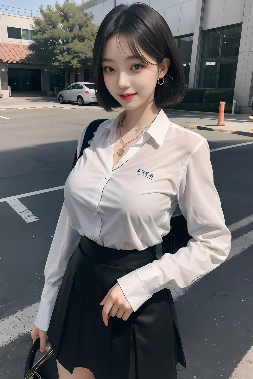 8K RAW Photos, High Resolution, Korean, Very Big Round Breasts, Ribbons, Formal Shirt, Formal Skirt, Very Thin Mouth, Duck Mouth, Grinning,, Bossy Pose, Beautiful Eyes in Every Detail, Long Eyelashes, Beautiful Double Eyelids, Eyeshadow, Long Eyes, Sanpaku Eyes, Beautiful Thin Legs, Necklace, Earrings, Short Hair, Entrance of a Large Company, large corporate offices