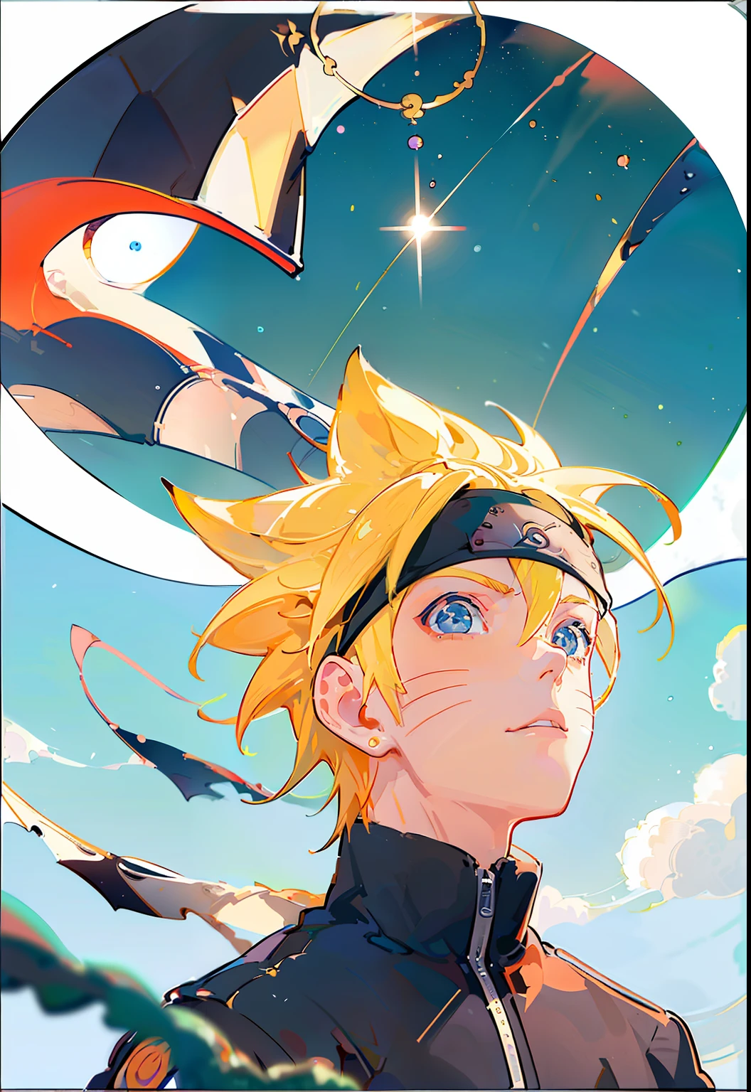 Uzumaki Naruto, 1boy, tmasterpiece, beste-Qualit, upper-body, portraite of a, looking a viewer, a closeup of a, white shirt, Sun light, New illustration, blurry foreground, the anime, (Best Quality), Boy in a dynamic pose(((looking up at the sky))), (((Starry sky))), flower field