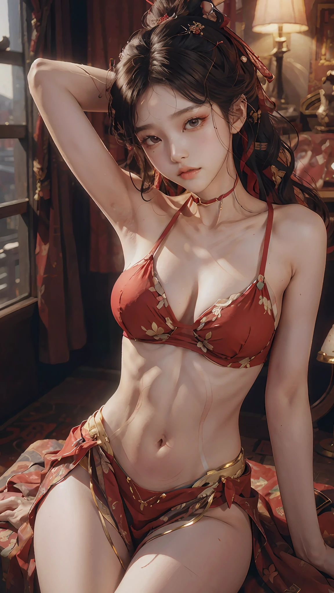 Ace, 4k, High Resolution, Masterpiece, Best Quality, Head: 1.3, (Korean K-pop Idol), Delicate Skin, Sharp Focus, (Cinema Lighting), Clavicle, Morning, Soft Light, Dynamic Angle, [:(detailed face:1.2):0.2], armpit wrinkles, thigh gap, red dress, slim, mid-chest, cleavage, full body, --auto --s2