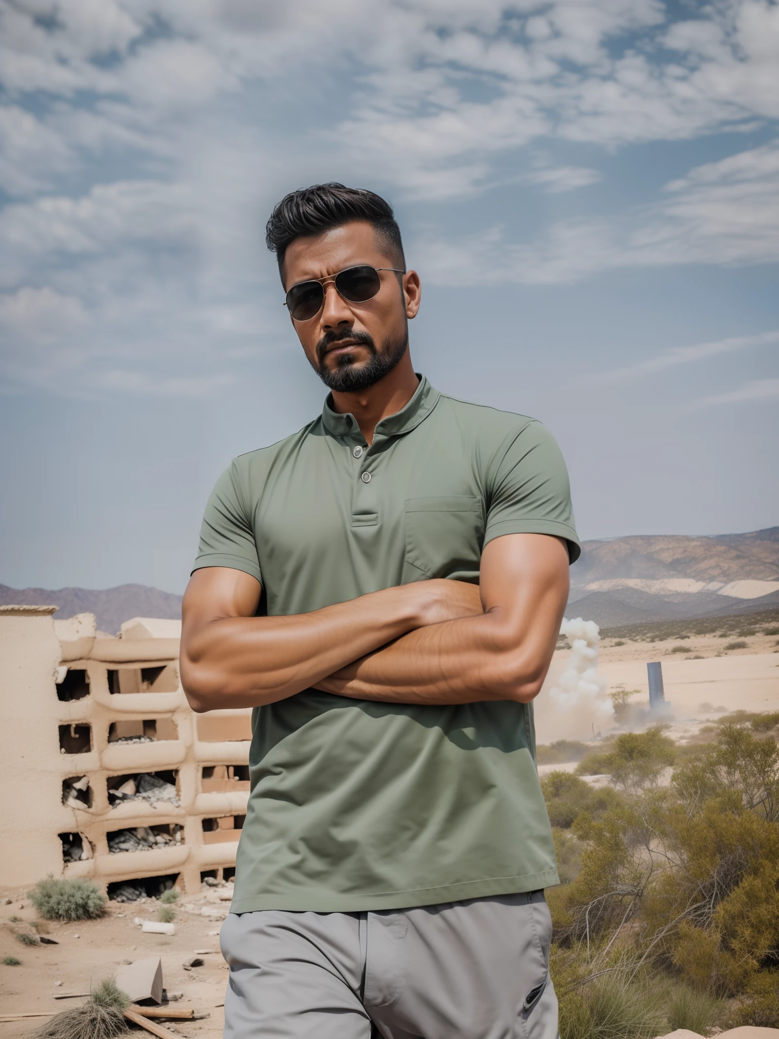 cine still action portrait, a stylish man walking away from a blast, fire and dust, photorealistic, ultra realistic, shot on Canon EOS R5, 45-70mm, F /2.8, depth of field, bokeh-style, balanced color schemes, dramatic composition,looking at the camera