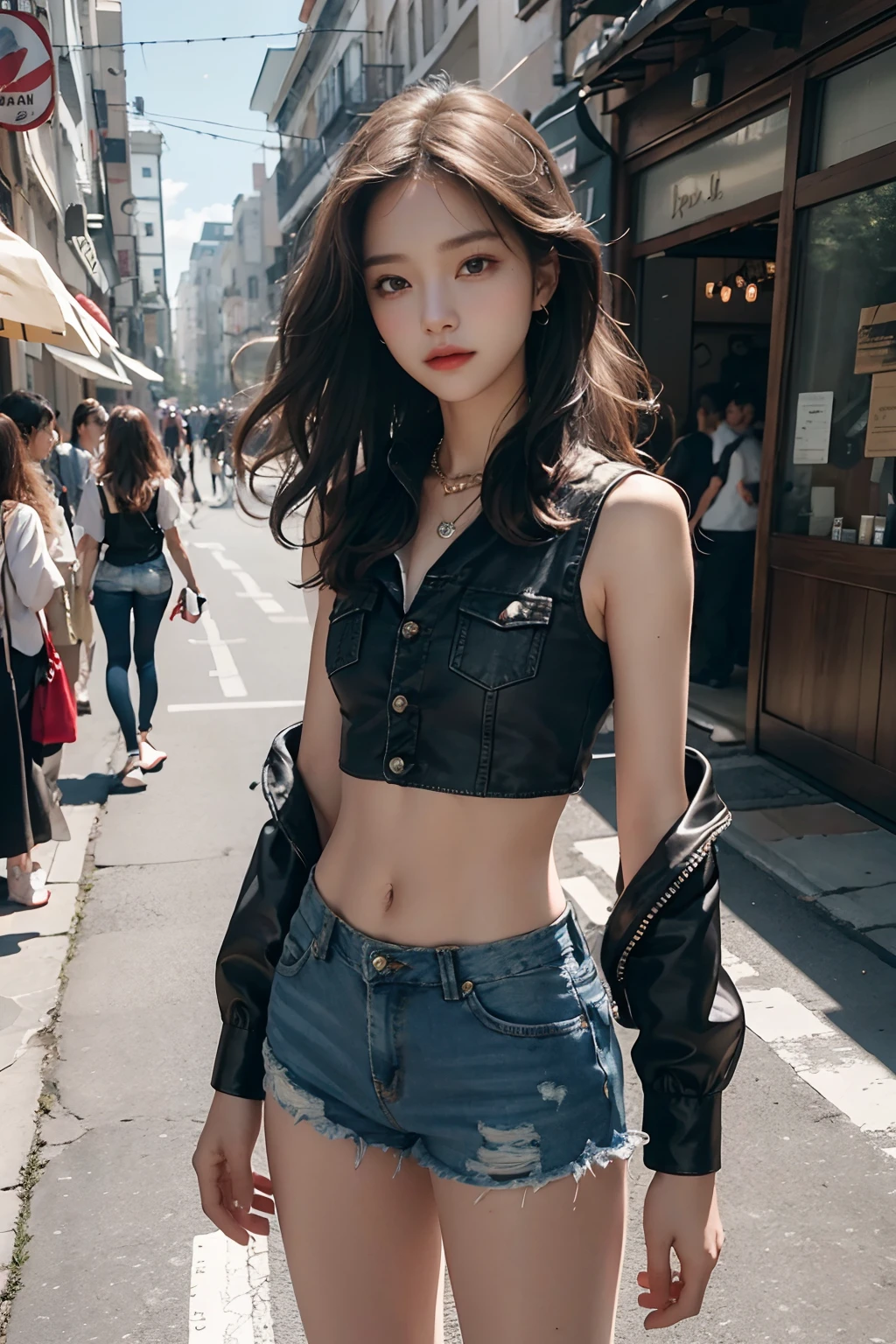 (Ultra-detailed eyes), (((textile shading))), (((Best Quality))), (((masutepiece))), (((Ultra-detailed CG))), sassy girl, (((magical little girl))), (Petite), (tiny chest), black hair, ((wolfcut hair with bangs, gorgeous hair)), y2k outift, y2k outfit, wearing square nect top, wearing mini fluffy layered skirt, wearing gloves rib vega, vibrant  city scene, y2k, nostalgic ambiance, energetic los angeles street:0.2 y2k image of a women cyberpunk an 80s outfit, immersed in the vibrant atmosphere of a  city. His attire reflects the fashion trends of the era y2k. The  city scene  alive with pulsating lights, a lively street city, and people moving to the rhythm of the night. The nostalgic ambiance transports viewers back to the vibrant and energetic era of the 80s, capturing the spirit of fun, , and self-expression that defined the hip-hop culture.