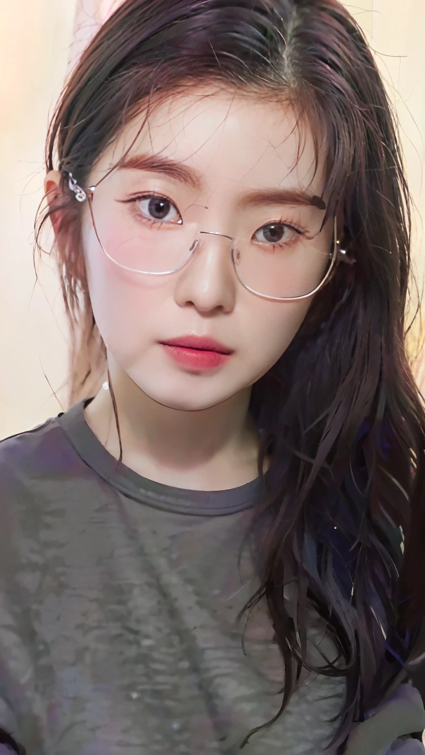 There is a woman wearing glasses and a gray shirt posing for a photo, ulzzangs, With glasses, clear cute face, eye glass, Korean girl, jaeyeon nam, 19-year-old girl, Very clear face, wearing thin large round glasses, Choi Hyun-hwa, Korean symmetrical face, Guviz, Clear lips and high quality