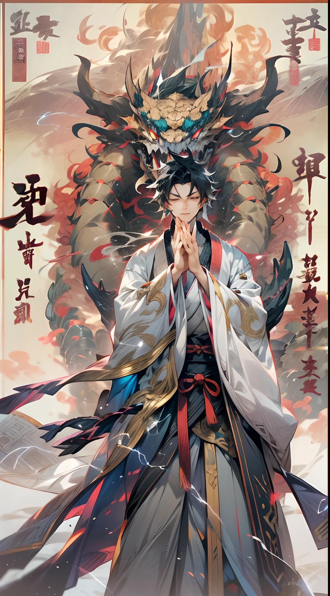 Nichimanga style, Zen ZEN, 1 man, delicate face, wearing armor, surrounded by Chinese characters, with lightning bolts on his body, a divine dragon behind his back, perfect hands, normal fingers, zen