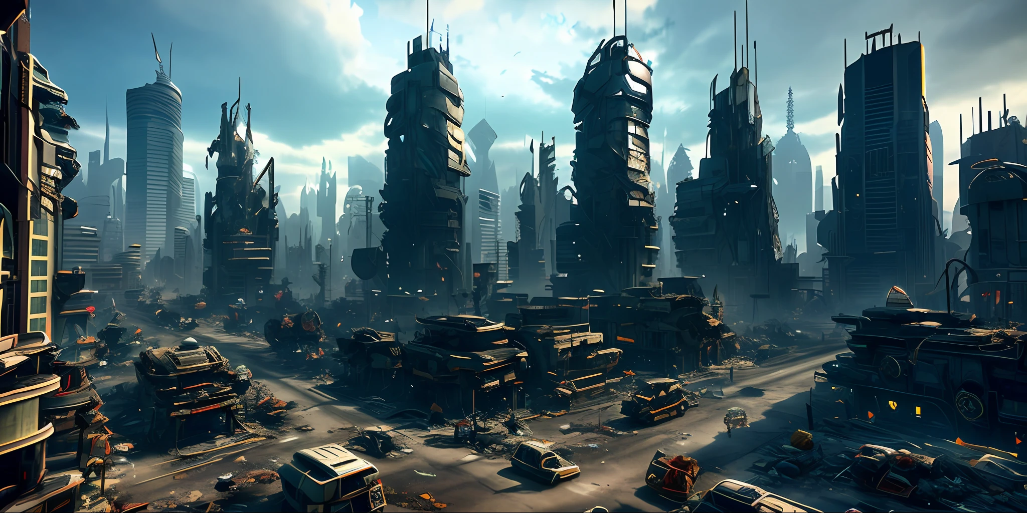 post apocalyptic futuristic city, shattered crystal spires, rubble strewn street, broken machines