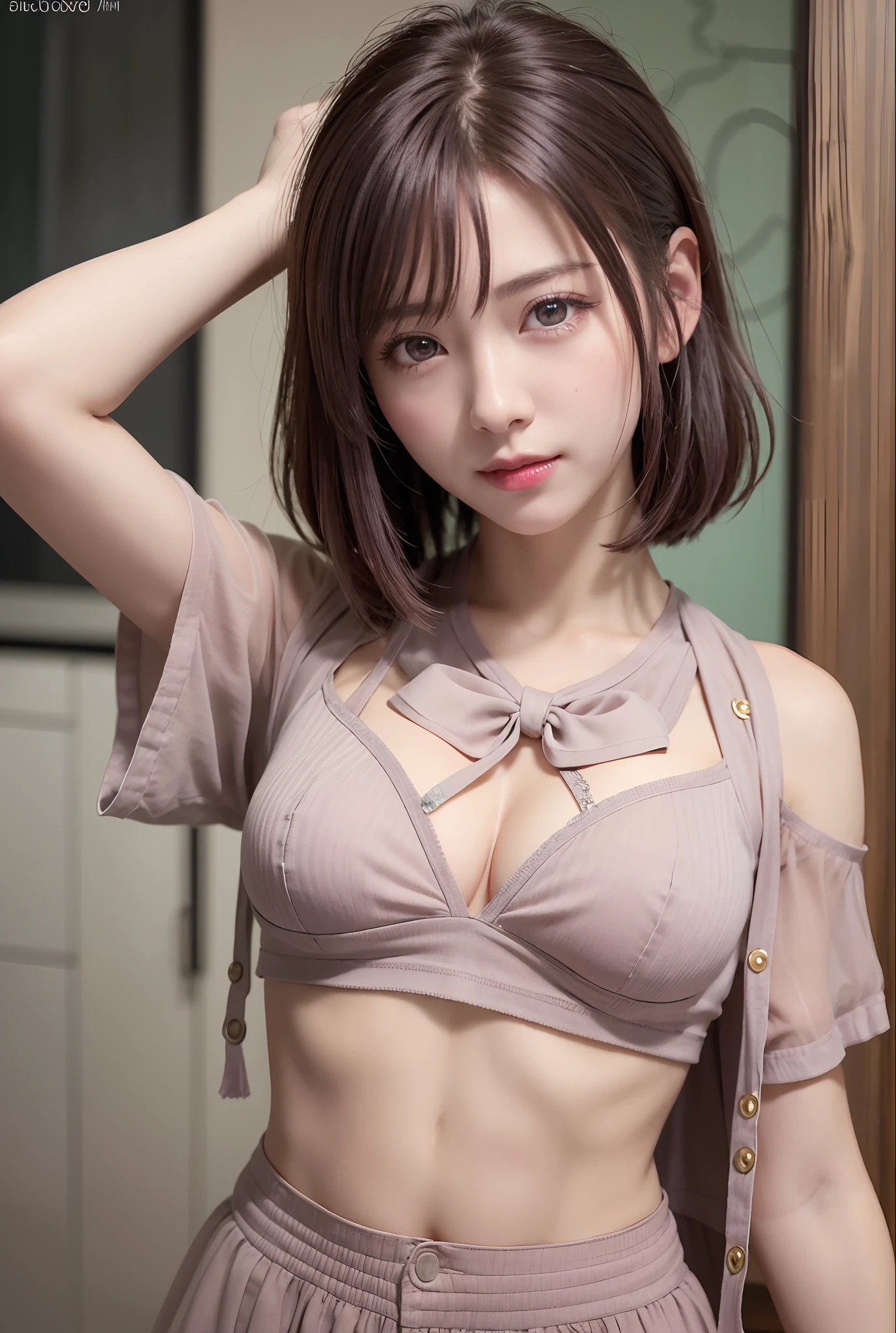 (8K、Photorealsitic、Raw photography、top-quality: 1.3)、(1girl in)、Super beauty、(Real Face)、(boyish、Berry shorthair in natural color)、T-shirt with rough chest、Entice your audience、Beautiful expression、Beautiful breasts、Lover's perspective、(real looking skin)、beautiful smiling face、(soldier)、enticing、超A high resolution、A hyper-realistic、high-detail、hanikami
