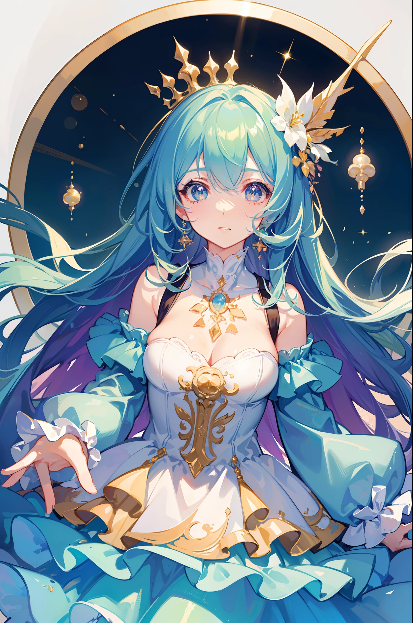 masterpiece, best quality, 8k resolution, sharp focus, intricate detail, beautiful girl, sparkling eyes, golden ratio face, otherworldly liquid, watercolor, pastel colors, bright colors, whimsical, colorful, sharp focus, high resolution, fine detail, ((layered tiered puffy long sleeves ballgown)), ((round eyes)), iridescent bubbles, fantasia background