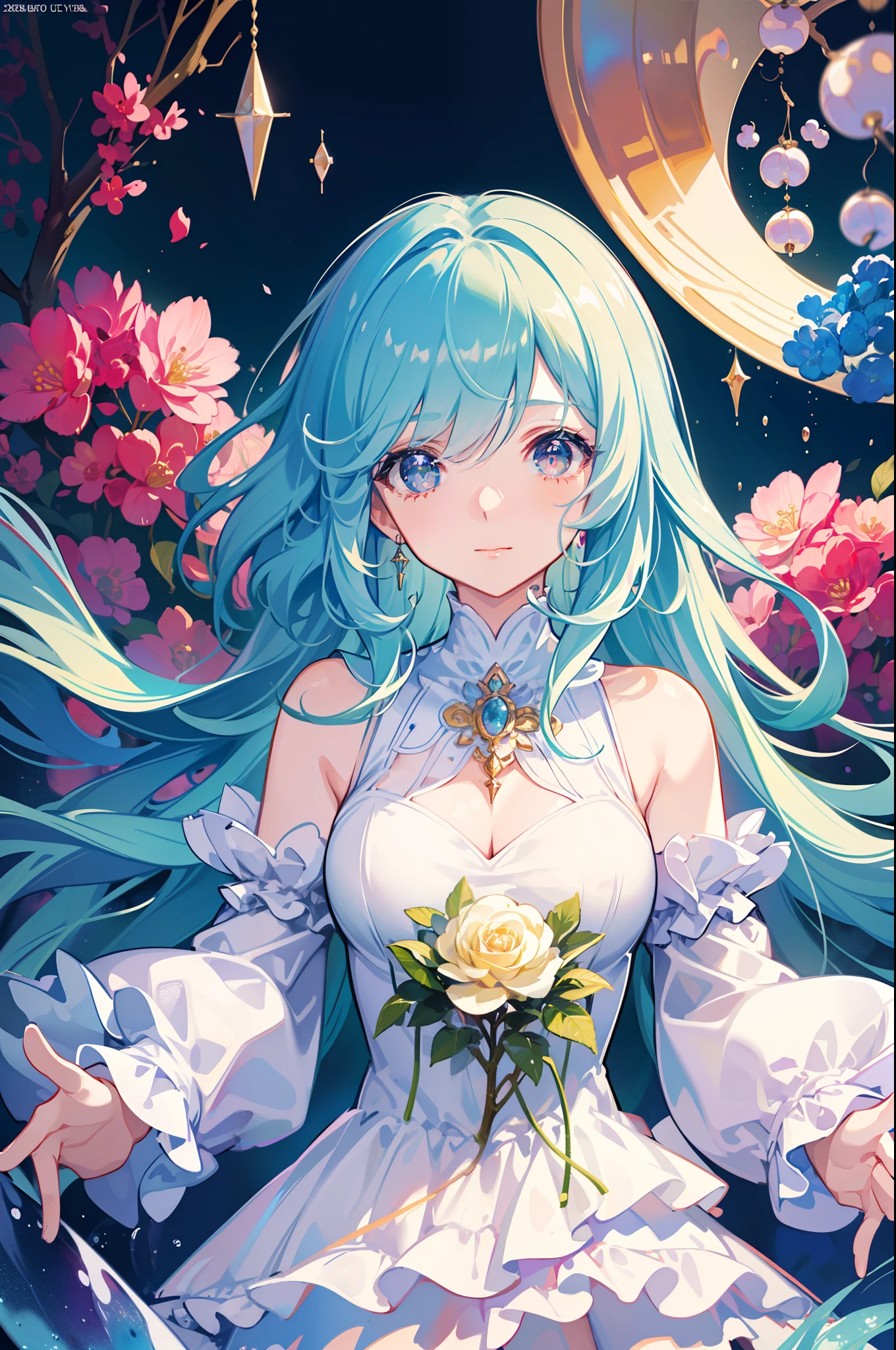 sea of blue roses, garden full of roses of dew blue, light blue, cerulean, a purple rose in the middle