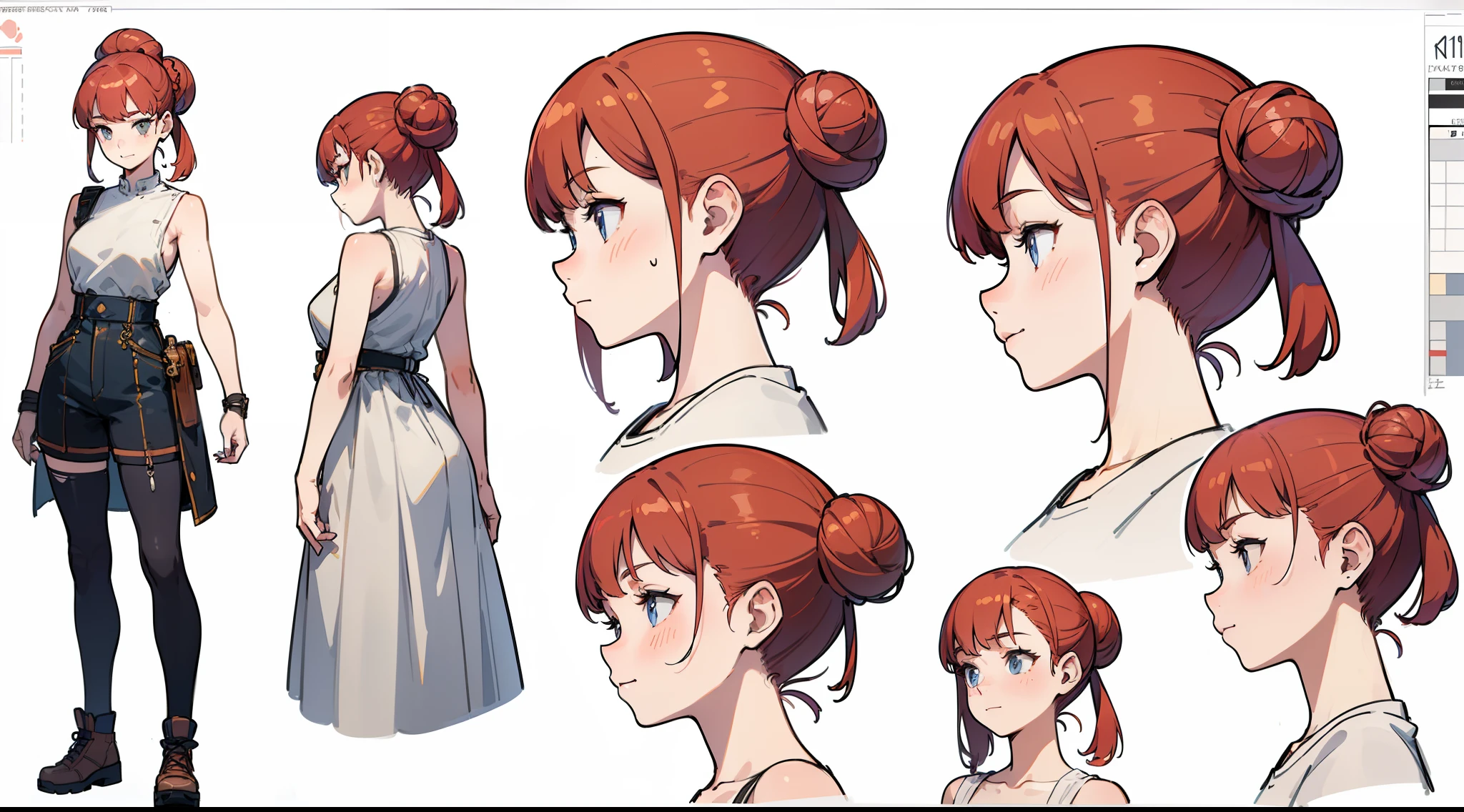 ((Best Quality)), ((Masterpiece)), ((Realistic)) 19 year old, redhead girl, armpit lenght hair, relaxed happy face ((slender)) (busty), pastel colored casual outfit, bun hairstyle, (((detailed character sheet, frontal view, side view, three quarter view))) white background
