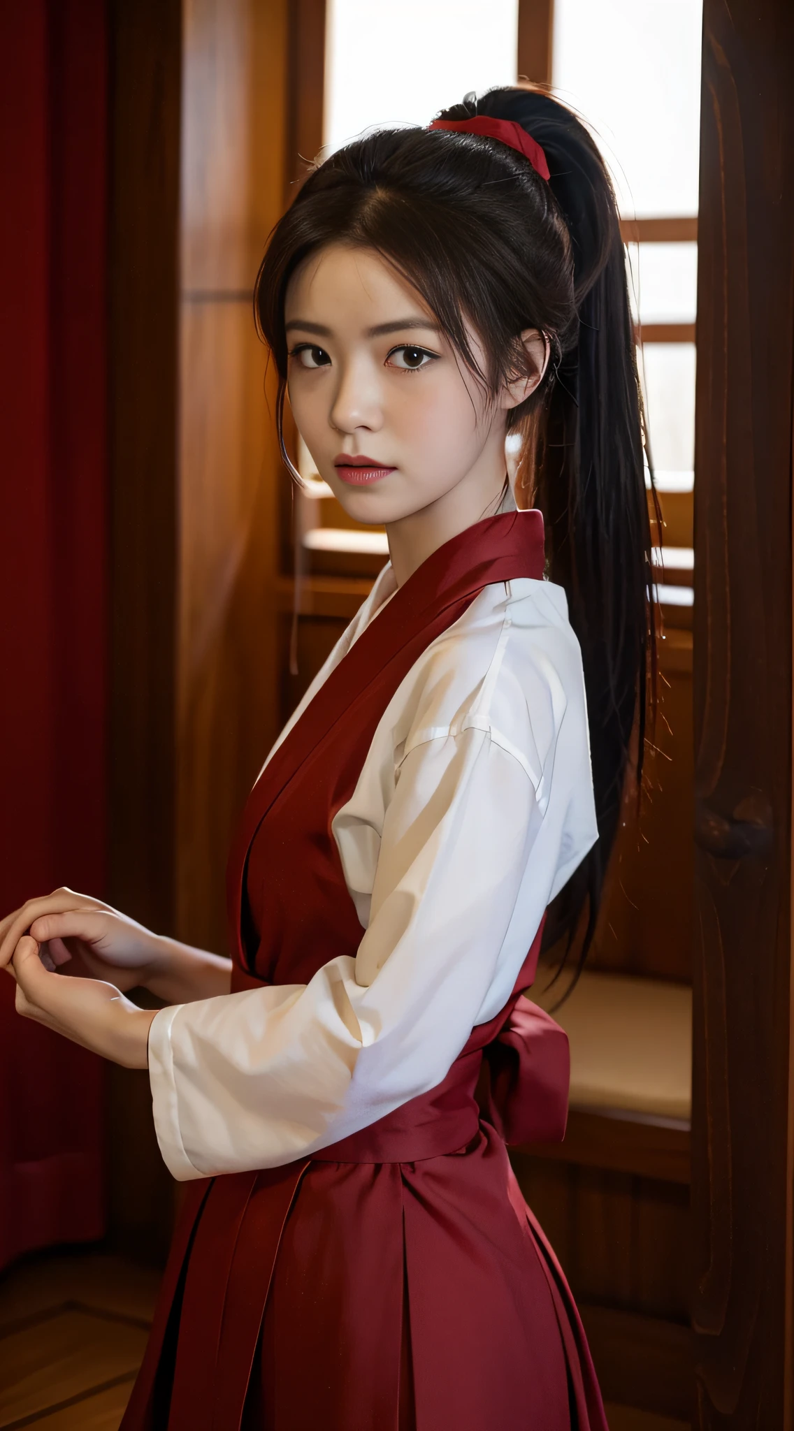(masterpiece, best quality:1.2), solo, 1girl, erza scarlet, serious, looking at viewer, holding, katanaonehand, hair over one eye, ponytail, japanese clothes, sarashi, red hakama