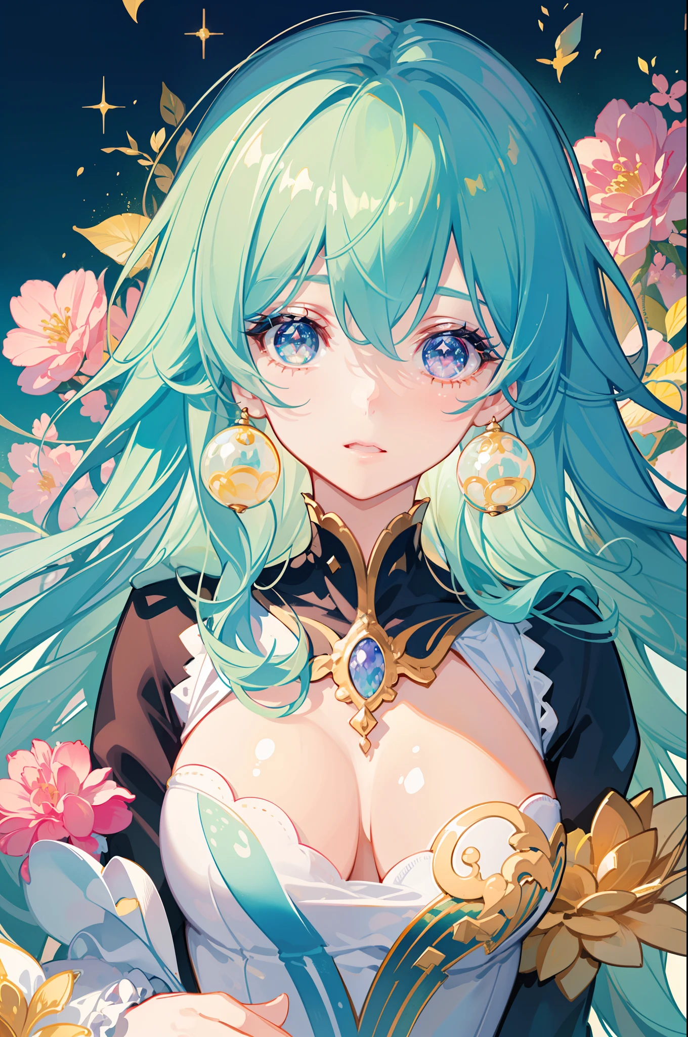 masterpiece, best quality, 8k resolution, sharp focus, intricate detail, beautiful girl, sparkling eyes, golden ratio face, otherworldly liquid, watercolor, pastel colors, bright colors, whimsical, colorful, sharp focus, high resolution, fine detail, ((layered tiered puffy long sleeves ballgown)), ((round eyes)), iridescent bubbles, fantasia background