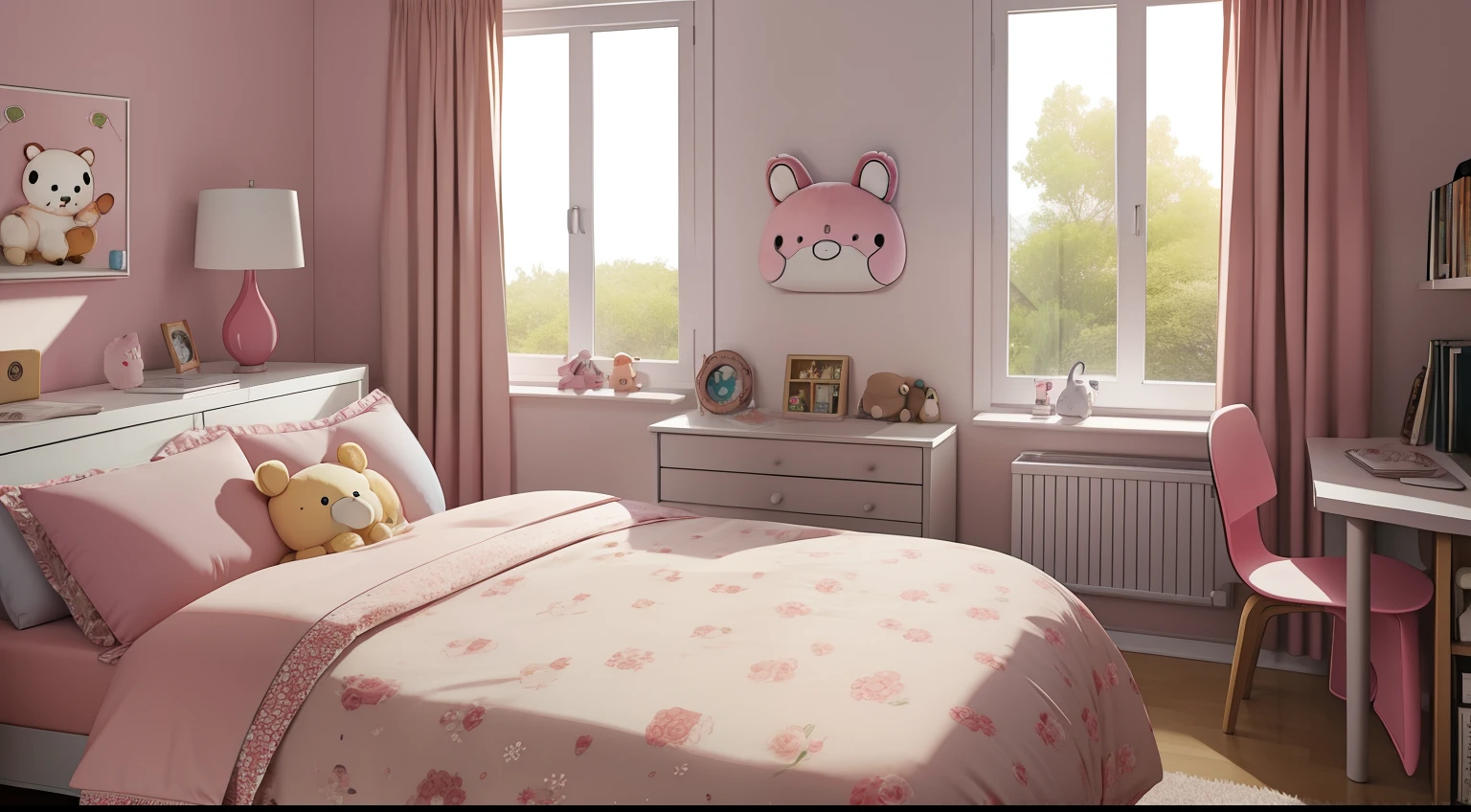bedroom, bed, desk, lots of plush cute animals, anime style, 8k