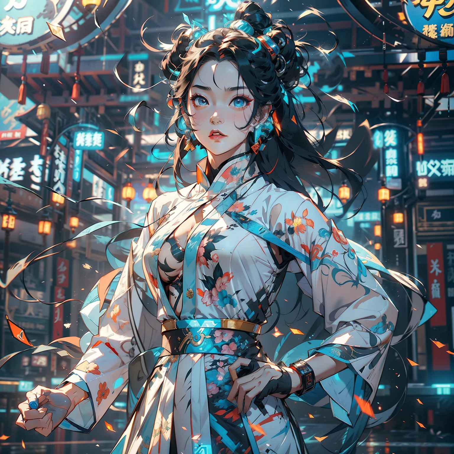 a yang girl, androids 3D style face, fair skin, exquisite facial features.Hanfu and mecha, Cyberpunk, projection holographic display, holographic halo, Laggador's Ring, Surrounded by holographic ribbons throughout the waist, fluorescent, Shock, explosion, special effectsPerspective View, Chinese martial arts movements, Kung Fu, Tai Chi3D art, OC rendering, Hyper-Realistic, rich background, Realistic Details, DetailedDepiction, Minute Details, futurism, 3D rendering, Unreal Engine, UHD, 8K --niji 5 --s 180
