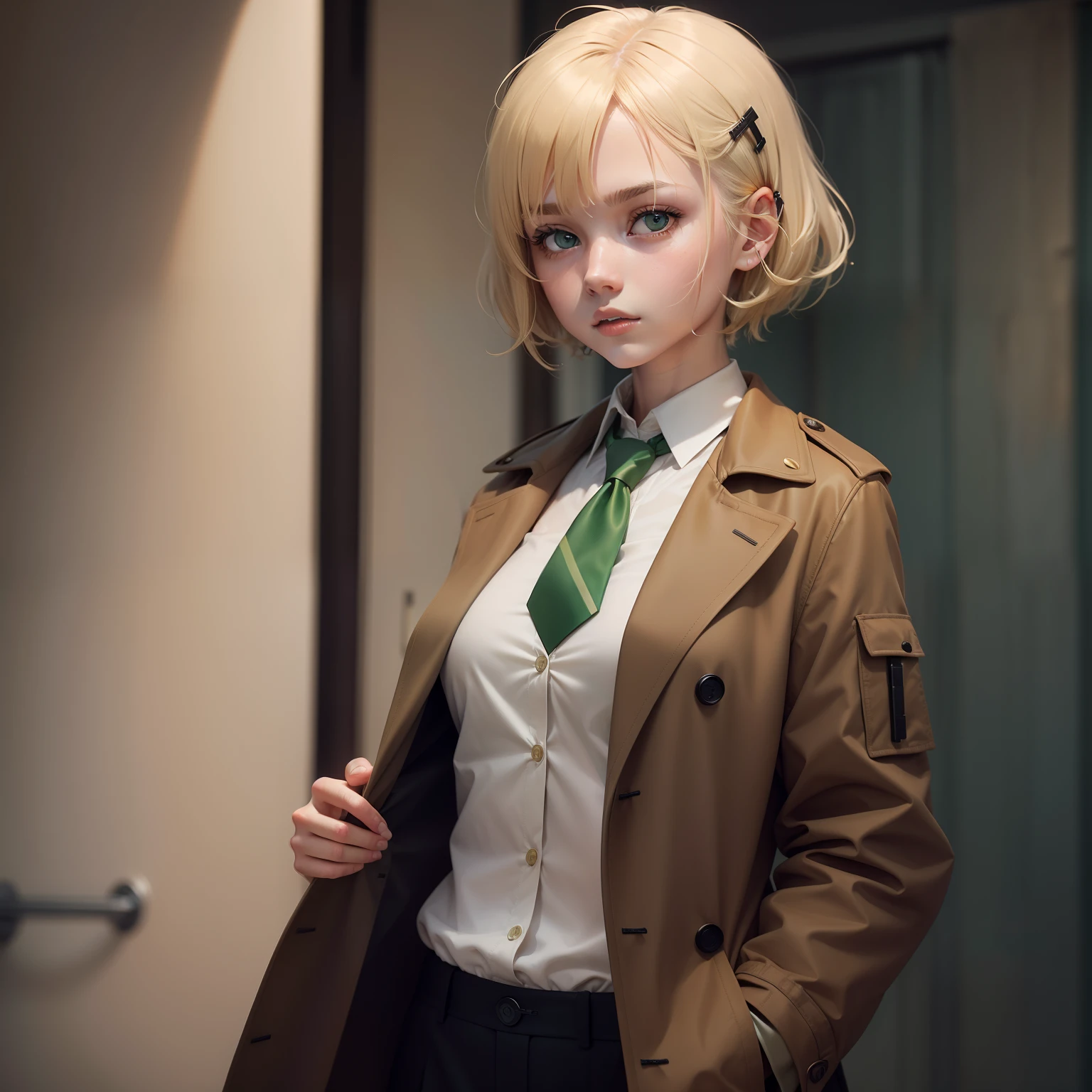 1girl, blonde hair, short hair, brown coat, detective outfit, white shirt, green hairpin, (hairpin on right hair), tie, (dark brown tie)
