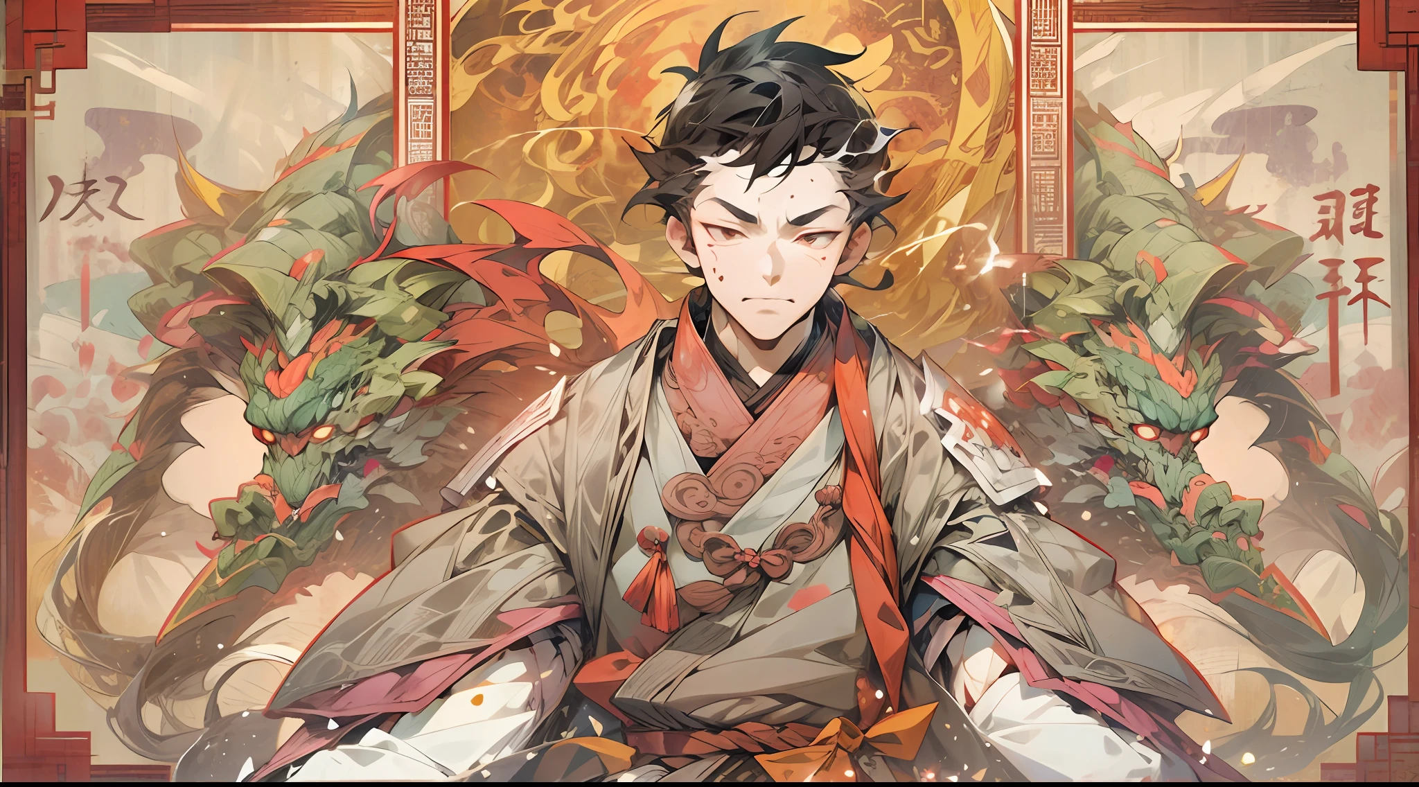 Nichimanga style, Zen ZEN, 1 man, delicate face, wearing armor, surrounded by Chinese characters, with lightning bolts on his body, a divine dragon behind his back, perfect hands, normal fingers, zen