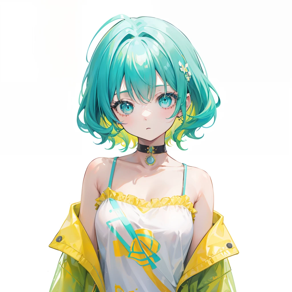 Relatively cool background,Short turquoise curls mixed with yellow hair,Sweet and cute little girl,Wear plain clothes in clear green with yellow