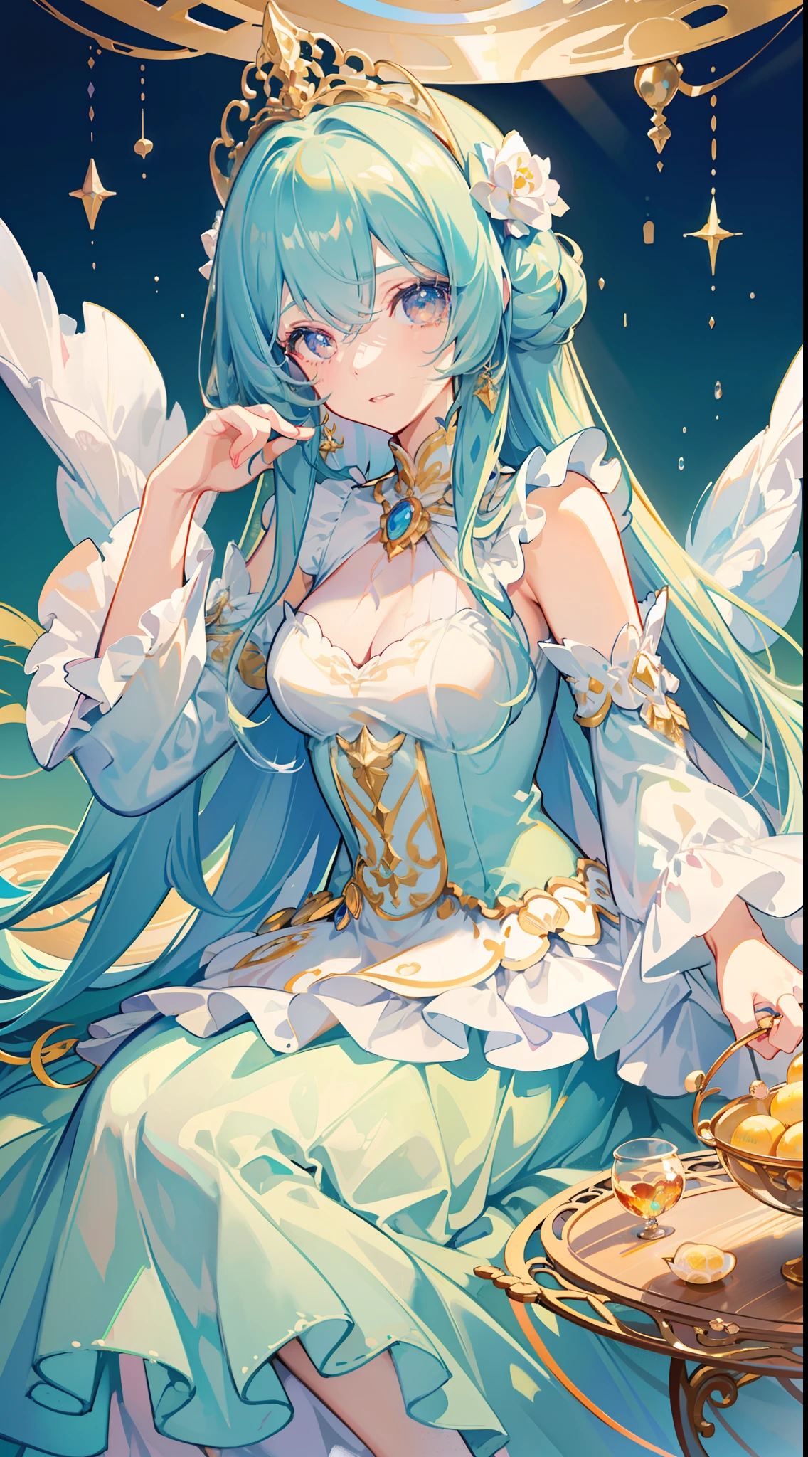 masterpiece, best quality, 8k resolution, sharp focus, intricate detail, beautiful girl, sparkling eyes, golden ratio face, otherworldly liquid, watercolor, pastel colors, bright colors, whimsical, colorful, sharp focus, high resolution, fine detail, ((layered tiered ballgown)), ((round eyes)), iridescent bubbles, fantasia background