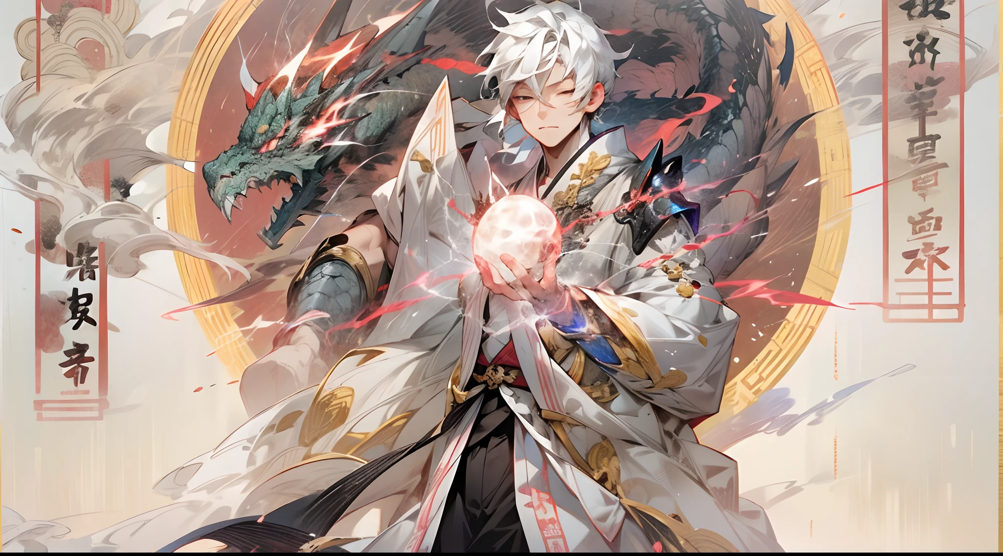 Ultra HD, Super Detail, High Detail, Best Quality, High Quality, A boy with short white hair, wearing Chinese purple-gold Taoist robe, blue eyes, lightning mage, Chinese dragon background, in front of Taoist temple, sitting on dragon chair