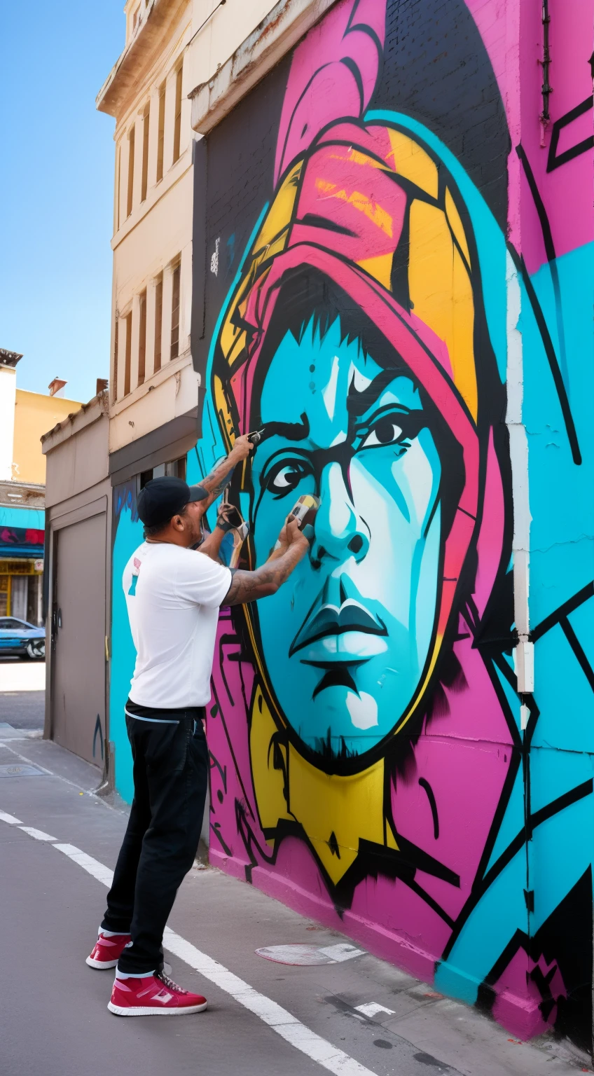 guttonerdvision10, Graffiti on the side of a tall building of a man wearing 80's style clothes and cap. He's painted doing a street dance pose. strokes. Pintura volorida, detalhada. Graffiti By Mr. Brainwash. Visao aerea da cena, realista, 8k