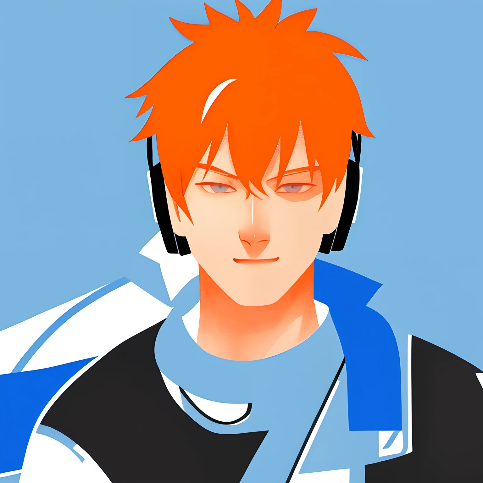 (aka_outwork:1.0), Painting, Drawing, Paper texture, halftone background,  1boy, Blue eyes, Closed mouth, A high resolution, view the viewer, Male focus, Orange hair, Simple background, Smile, Solo, twitter username, White background, xebec \(Suikoden\)，bald-headed，Wearing large headphones