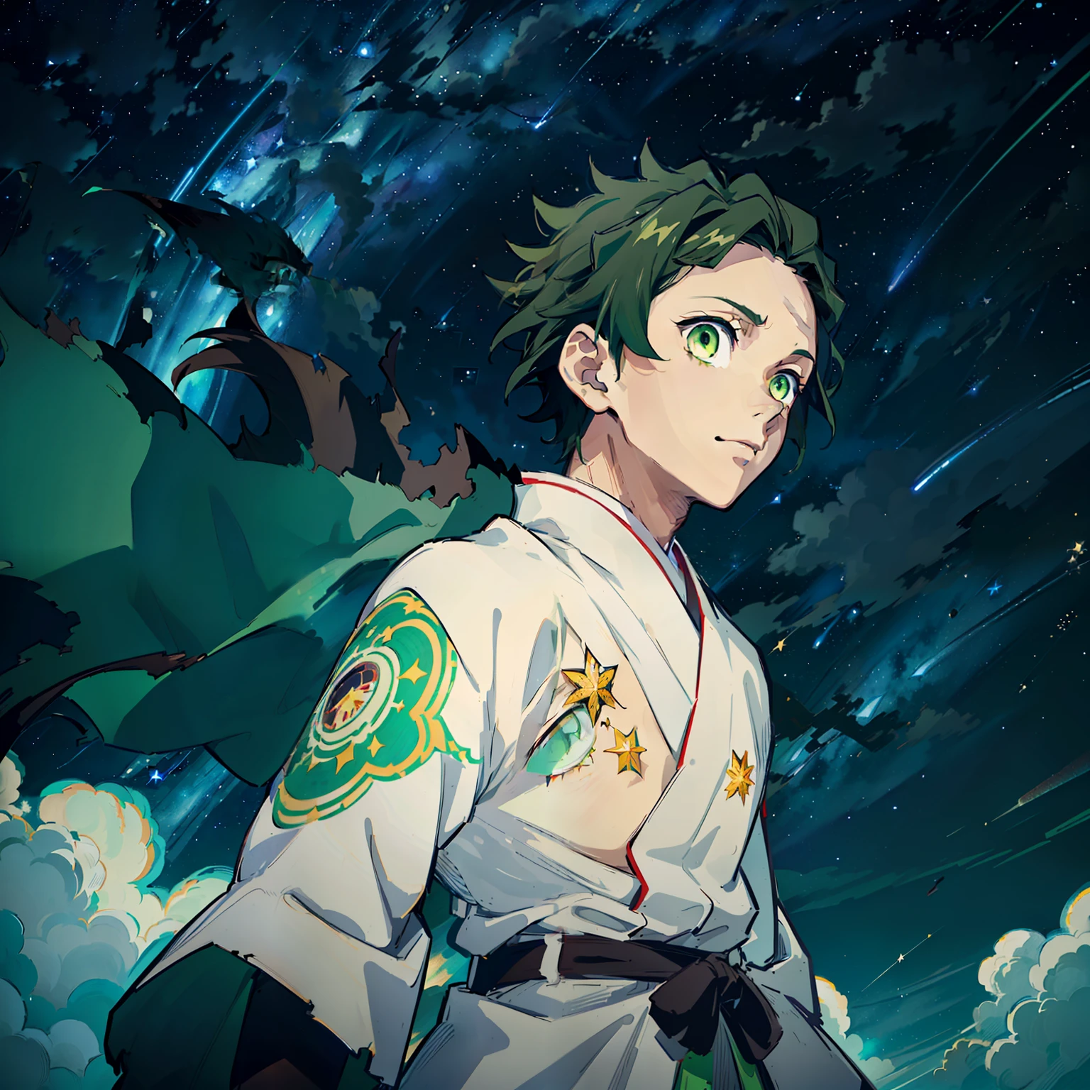 the anime, (Best Quality), ((1guy)), ((messy short dark blond hair)), ((vivid green eyes)), japanese clothes, white kimono, a waist belt, looks at the viewer, The Art of the Demon Slayer, demon slayer artstyle, kimetsu no yaiba, (((looking up at the sky))), (((Starry sky))), flower field