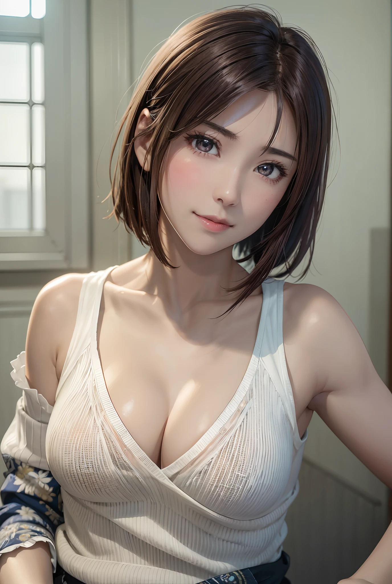 (8K、Photorealsitic、Raw photography、top-quality: 1.3)、(1girl in)、Super beauty、(Real Face)、(boyish、Berry shorthair in natural color)、T-shirt with rough chest、Entice your audience、Beautiful expression、Beautiful breasts、Lover's perspective、(real looking skin)、beautiful smiling face、(soldier)、enticing、超A high resolution、A hyper-realistic、high-detail、hanikami