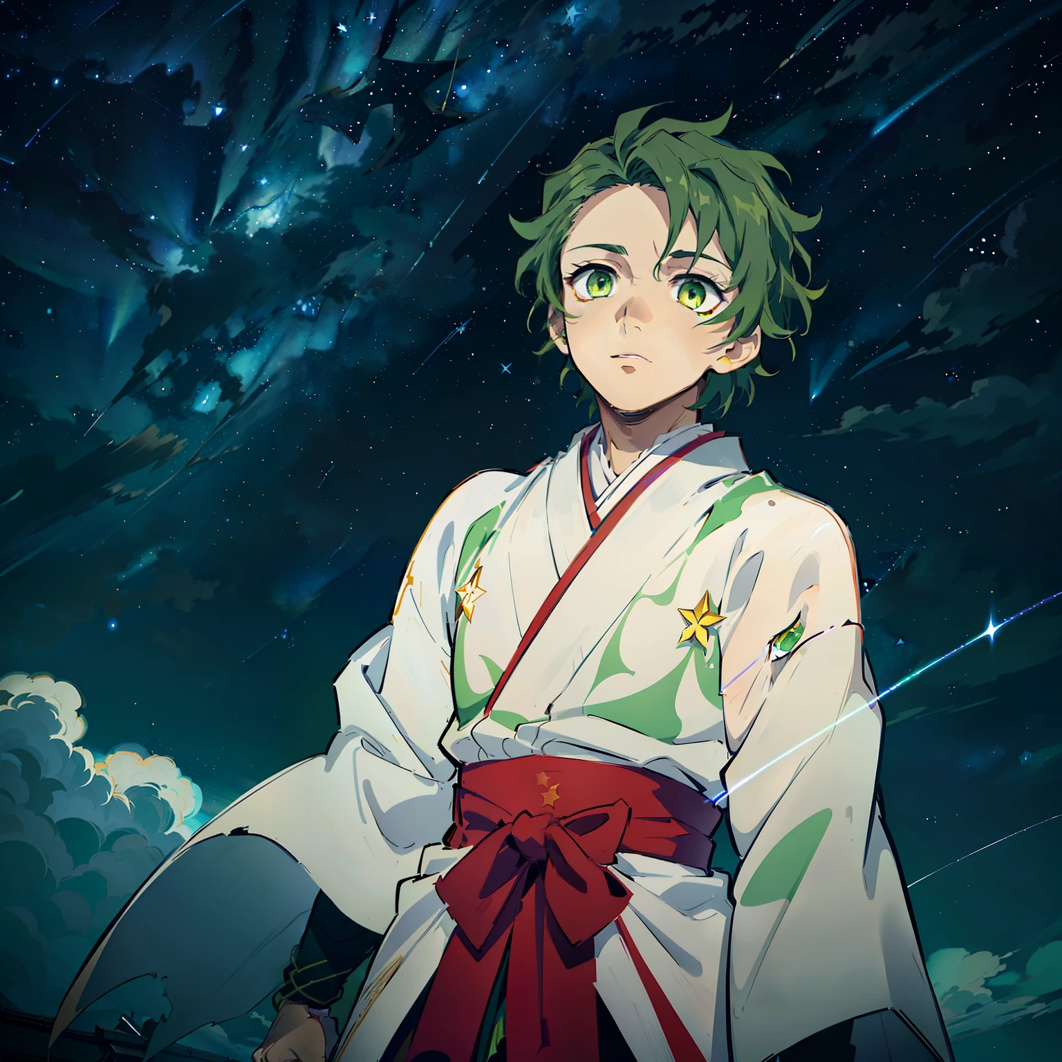 the anime, (Best Quality), ((1guy)), ((messy short dark blond hair)), ((vivid green eyes)), japanese clothes, white kimono, a waist belt, looks at the viewer, The Art of the Demon Slayer, demon slayer artstyle, kimetsu no yaiba, (((looking up at the sky))), (((Starry sky))), flower field