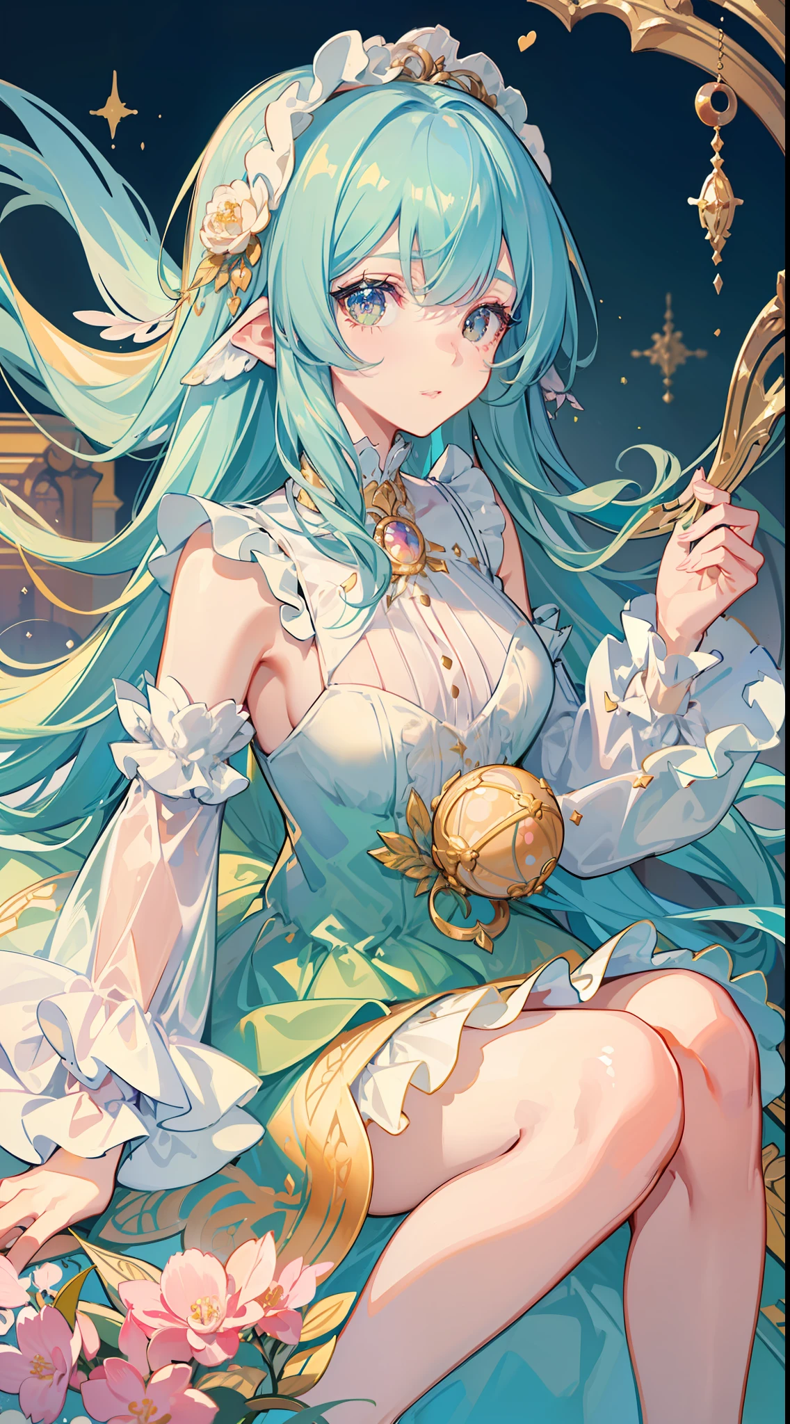 masterpiece, best quality, 8k resolution, sharp focus, intricate detail, beautiful girl, sparkling eyes, golden ratio face, otherworldly liquid, watercolor, pastel colors, bright colors, whimsical, colorful, sharp focus, high resolution, fine detail, ((layered tiered puffy long sleeves ballgown)), ((round eyes)), iridescent bubbles, fantasia background